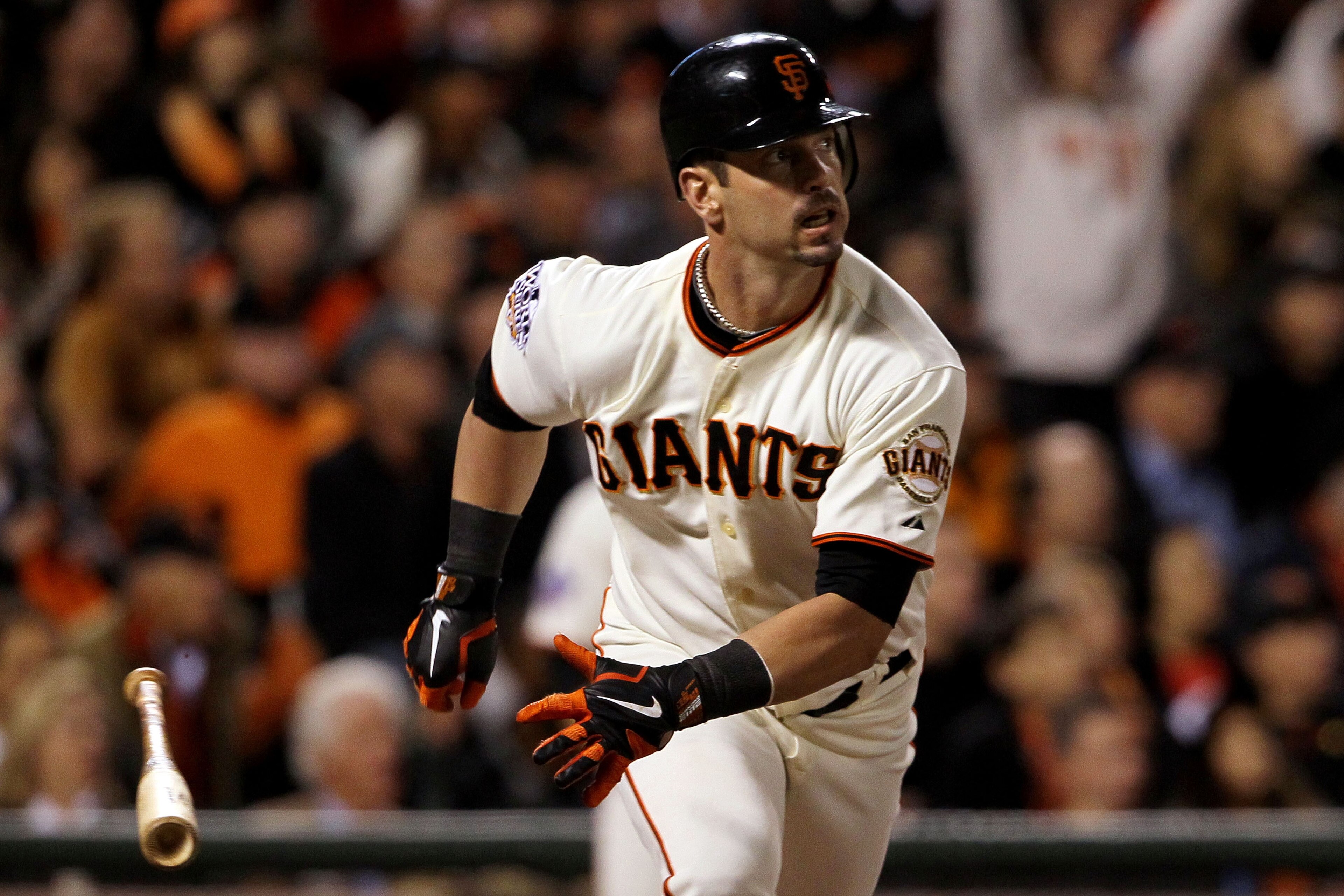 SAN FRANCISCO - OCTOBER 28:  Aaron Rowand #33 of the San Francisco Giants hits a two-run triple in the eighth inning while taking on the Texas Rangers in Game Two of the 2010 MLB World Series at AT&T Park on October 28, 2010 in San Francisco, California.