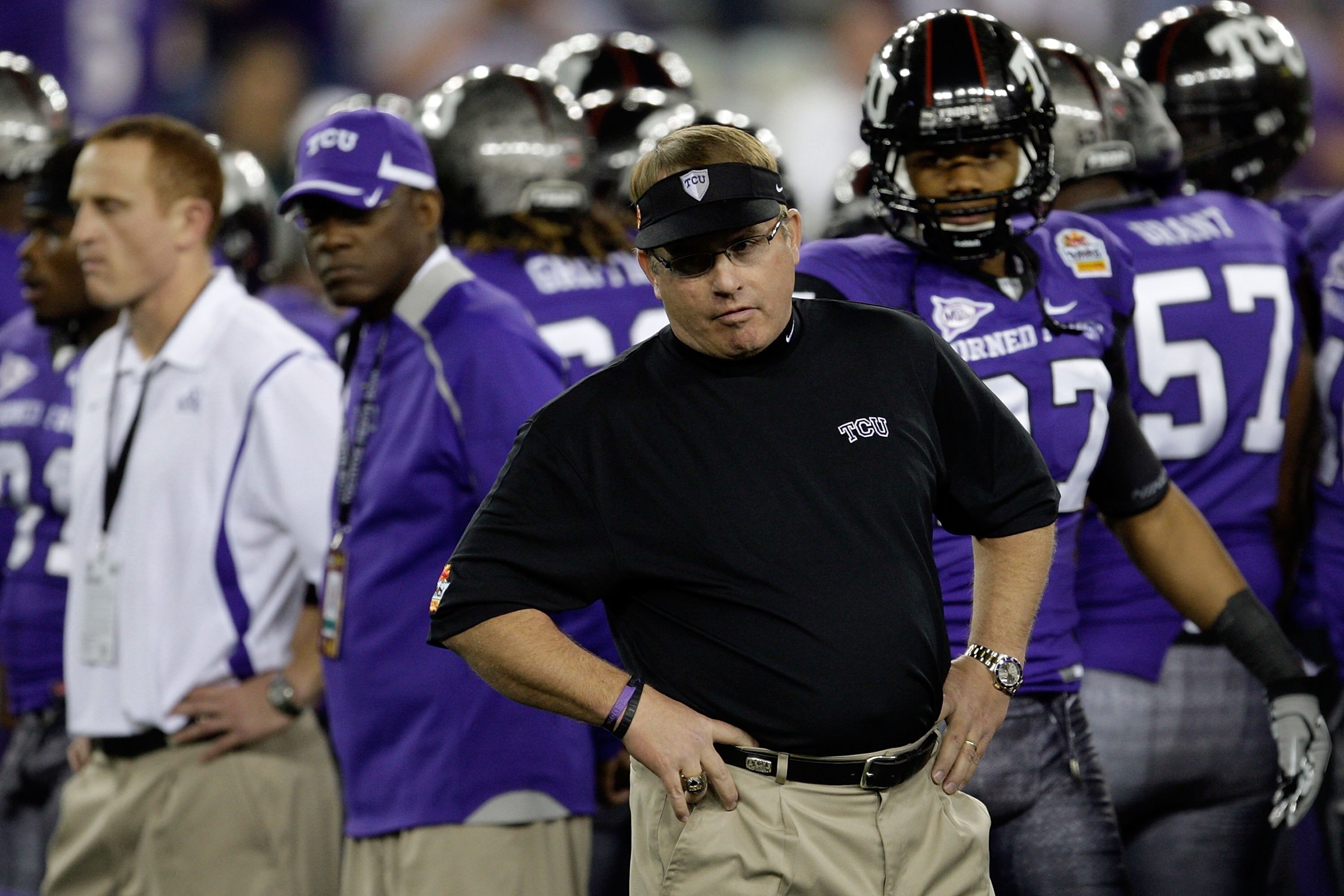 GLENDALE, AZ - JANUARY 04:  Head coach Gary Patterson of the TCU Horned Frogs looks on against the Boise State Broncos during the Tostitos Fiesta Bowl at the Universtity of Phoenix Stadium on January 4, 2010 in Glendale, Arizona.  (Photo by Jamie Squire/G