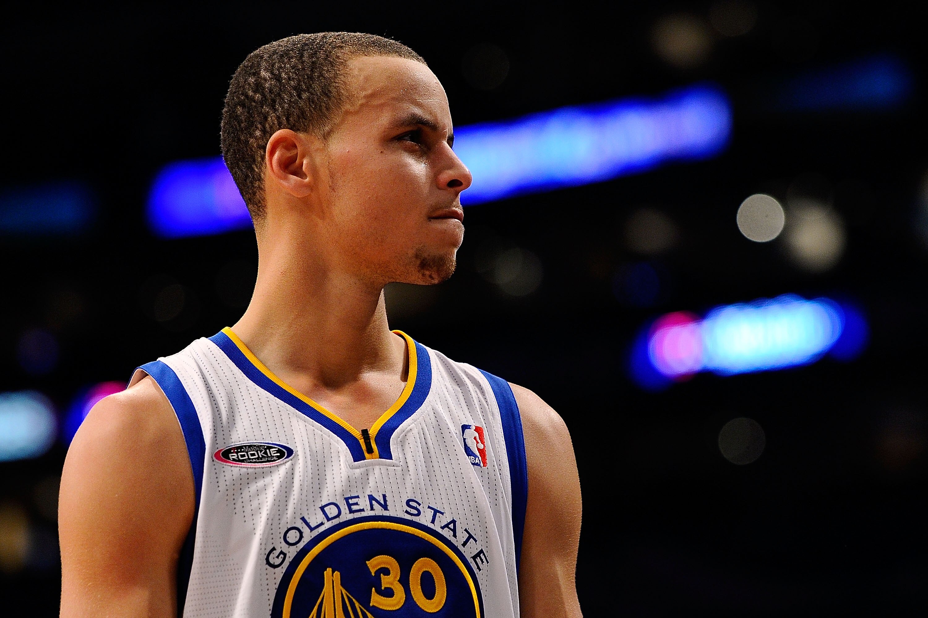 LOS ANGELES, CA - FEBRUARY 18:  Stephen Curry #30 of the Golden State Warriors and the Sophomore Team looks on during the T-Mobile Rookie Challenge and Youth Jam at Staples Center on February 18, 2011 in Los Angeles, California.  (Photo by Kevork Djansezi