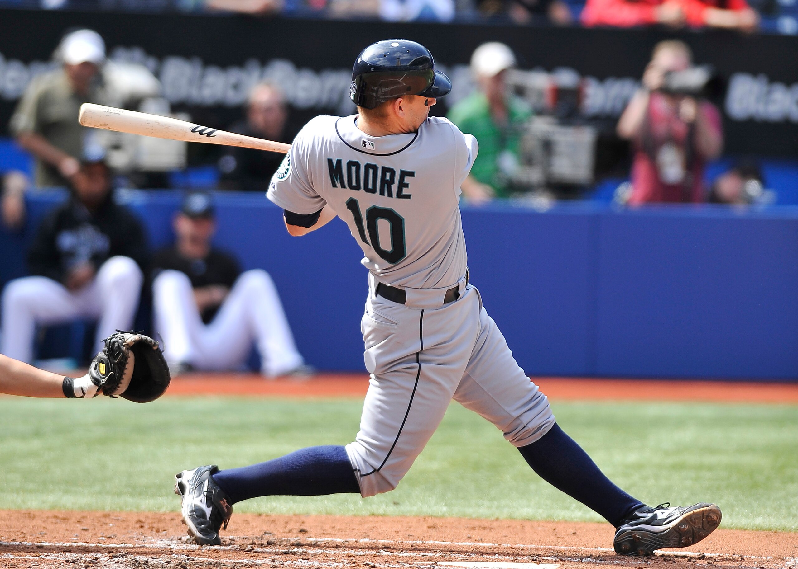 TORONTO - SEPTEMBER 23:   Adam Moore #10 of the Seattle Mariners bats against the Toronto Blue Jays during the game on September 23, 2010 at Rogers Centre in Toronto, Ontario, Canada. The Blue Jays defeated the Mariners 1-0. (Photo by Brad White/Getty Ima