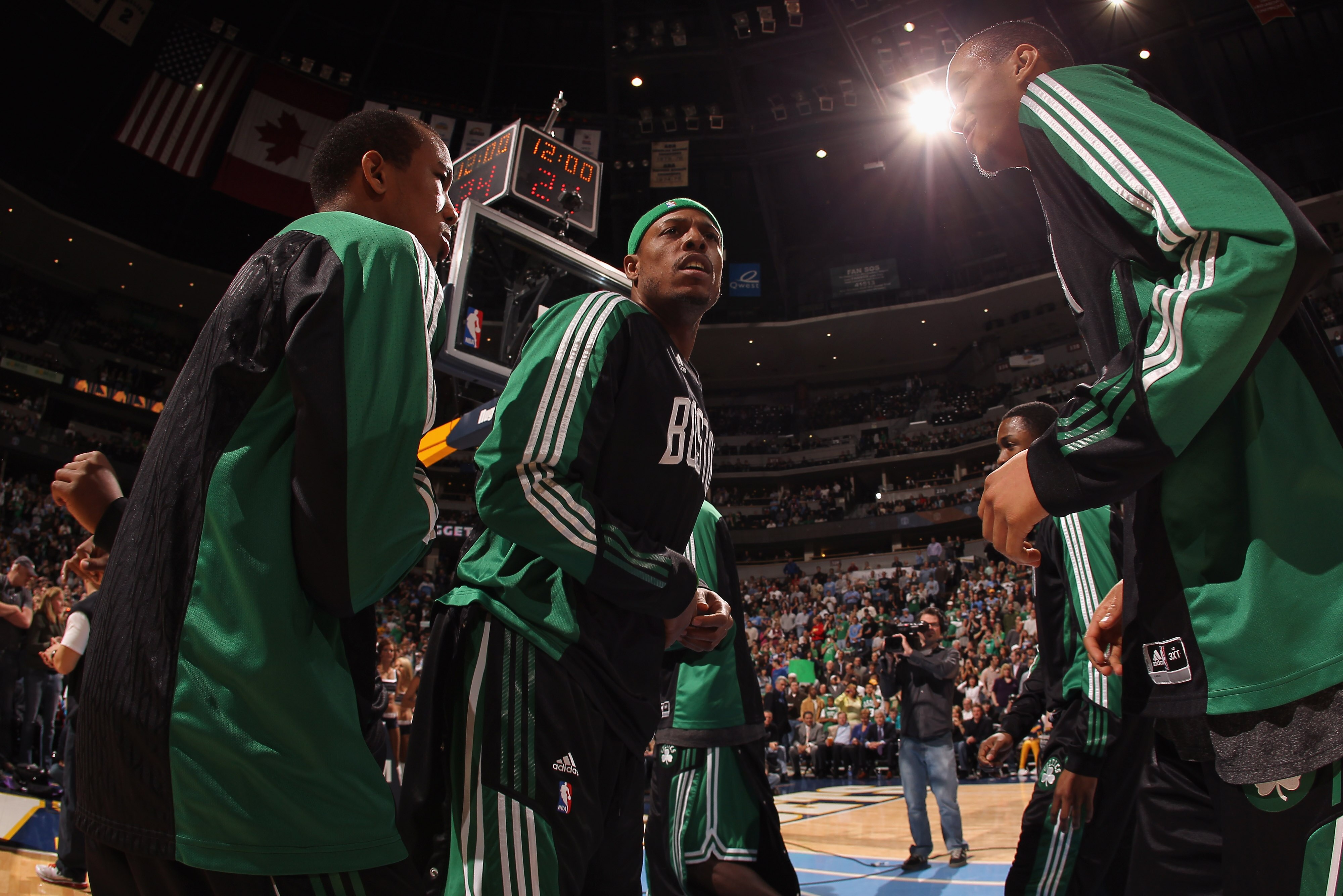 DENVER, CO - FEBRUARY 24: Paul Pierce (C) #34 of the Boston Celtics enters the court during player introductions prior to facing the Denver Nuggets at the Pepsi Center on February 24, 2011 in Denver, Colorado. The Nuggets defeated the Celtics 89-75. NOTE DENVER, CO - FEBRUARY 24: Paul Pierce (C) #34 of the Boston Celtics enters the court during player introductions prior to facing the Denver Nuggets at the Pepsi Center on February 24, 2011 in Denver, Colorado. The Nuggets defeated the Celtics 89-75. NOTE