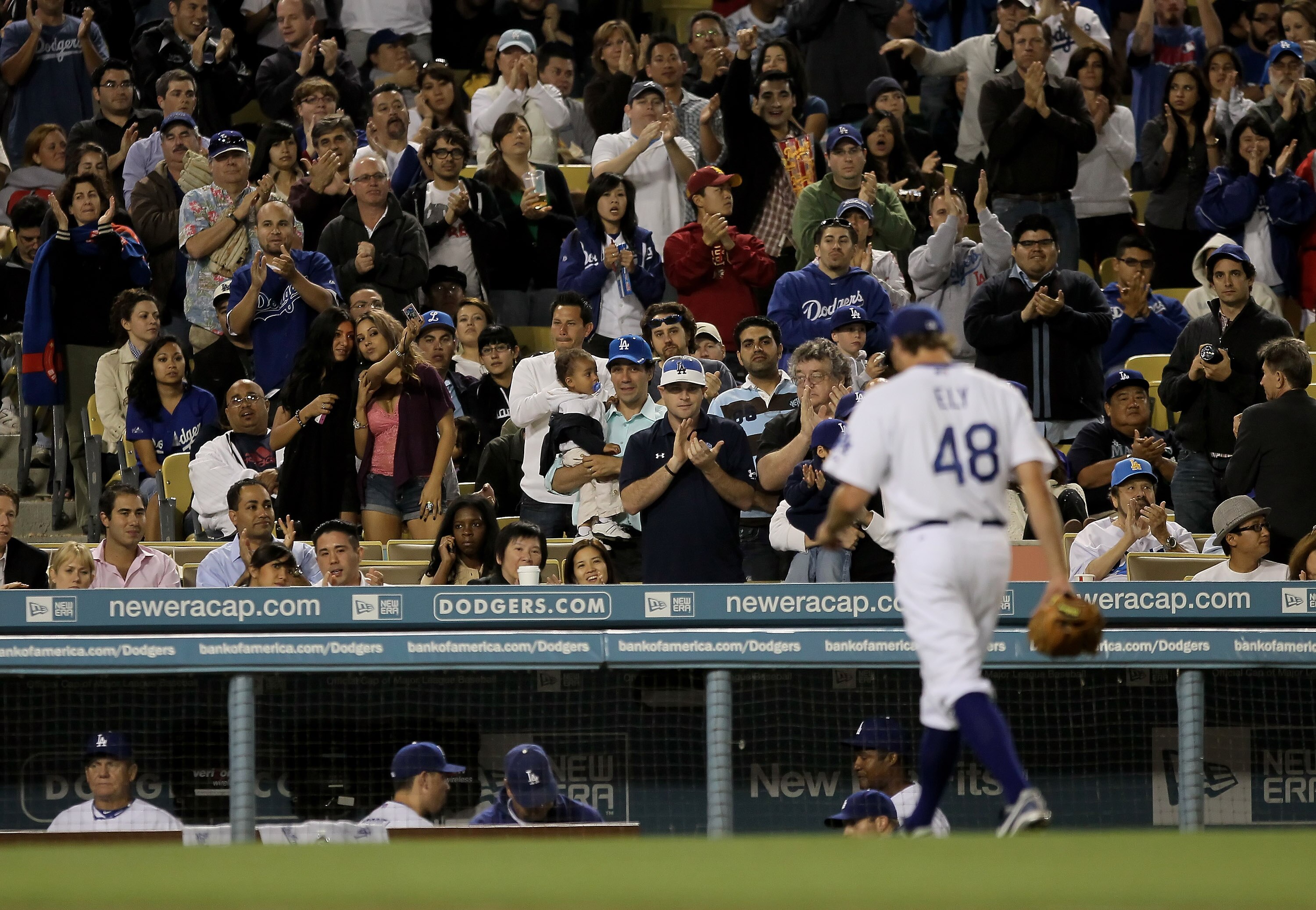 LOS ANGELES, CA - MAY 06:  Fans applaud starting pitcher John Ely #48 of the Los Angeles Dodgers as he comes out of the game in the seventh inning against the Milwaukee Brewers at Dodger Stadium on May 6, 2010 in Los Angeles, California.  (Photo by Jeff G