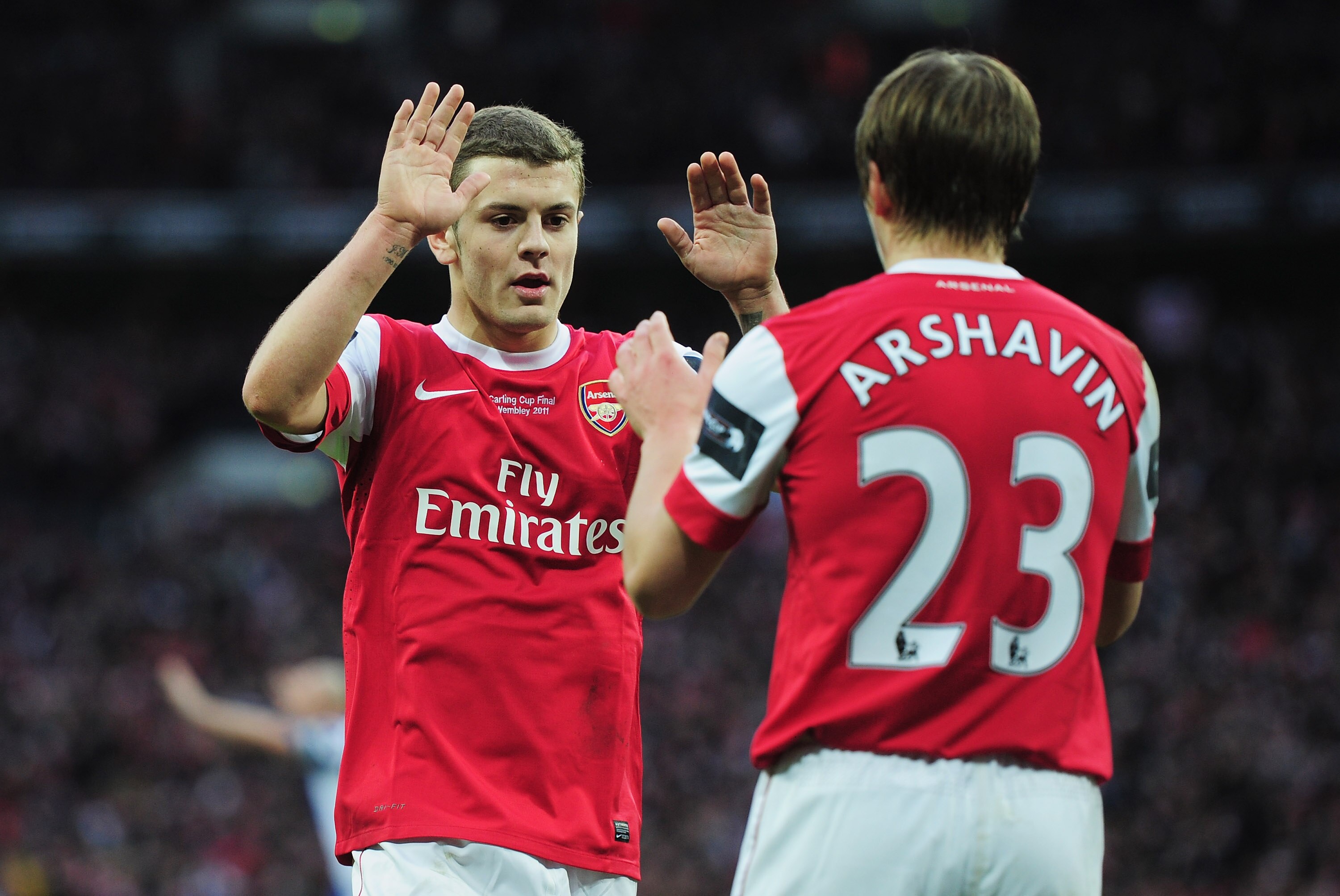 LONDON, ENGLAND - FEBRUARY 27: Jack Wilshere of Arsenal celebrates the opening Arsenal goal with  Andrey Arshavin during the Carling Cup Final between Arsenal and Birmingham City at Wembley Stadium on February 27, 2011 in London, England.  (Photo by Shaun