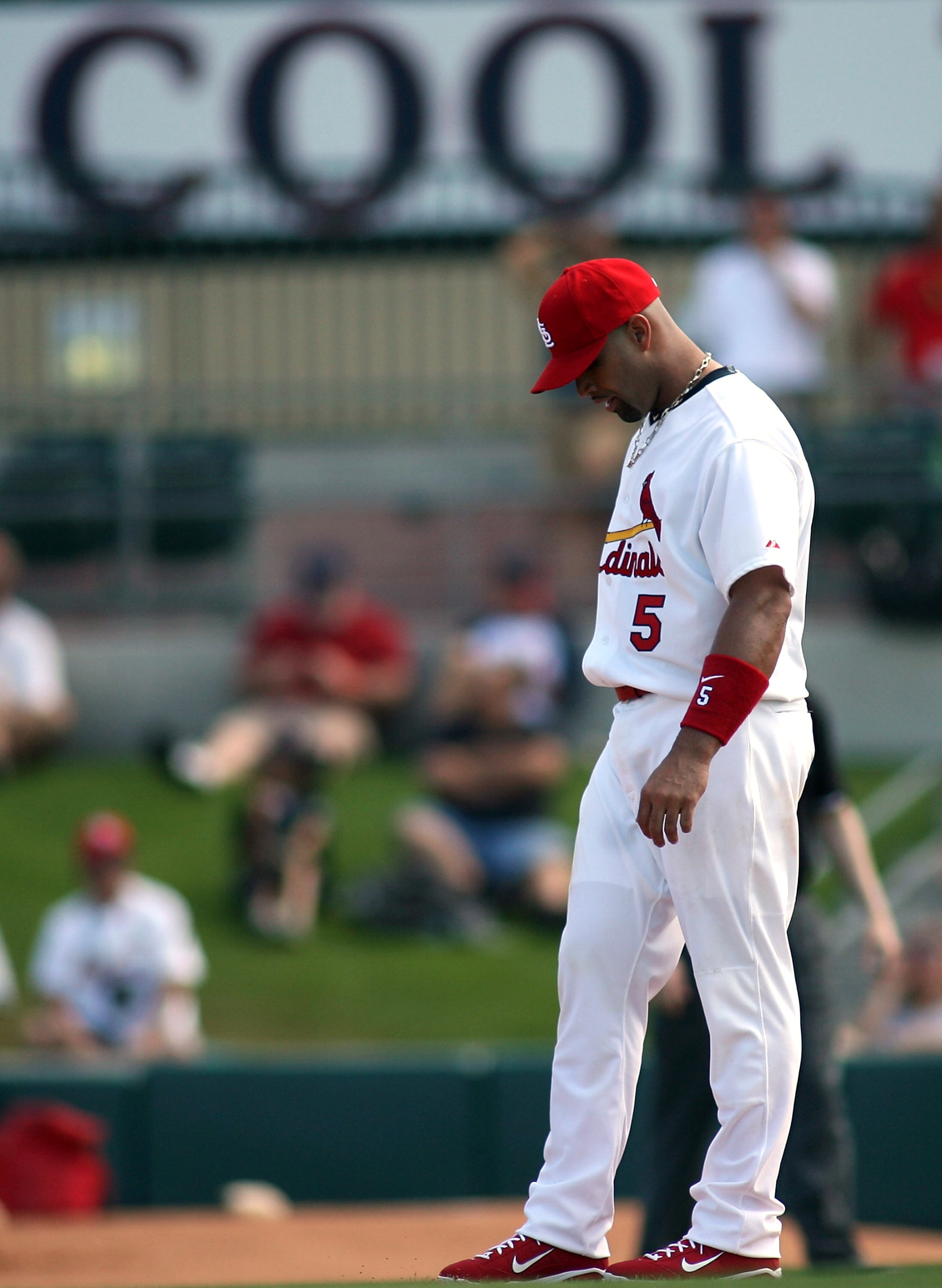 JUPITER, FL - FEBRUARY 28:  Albert Pujols #5 of the St. Louis Cardinals plays the field against the Florida Marlins at Roger Dean Stadium on February 28, 2011 in Jupiter, Florida.  (Photo by Marc Serota/Getty Images)