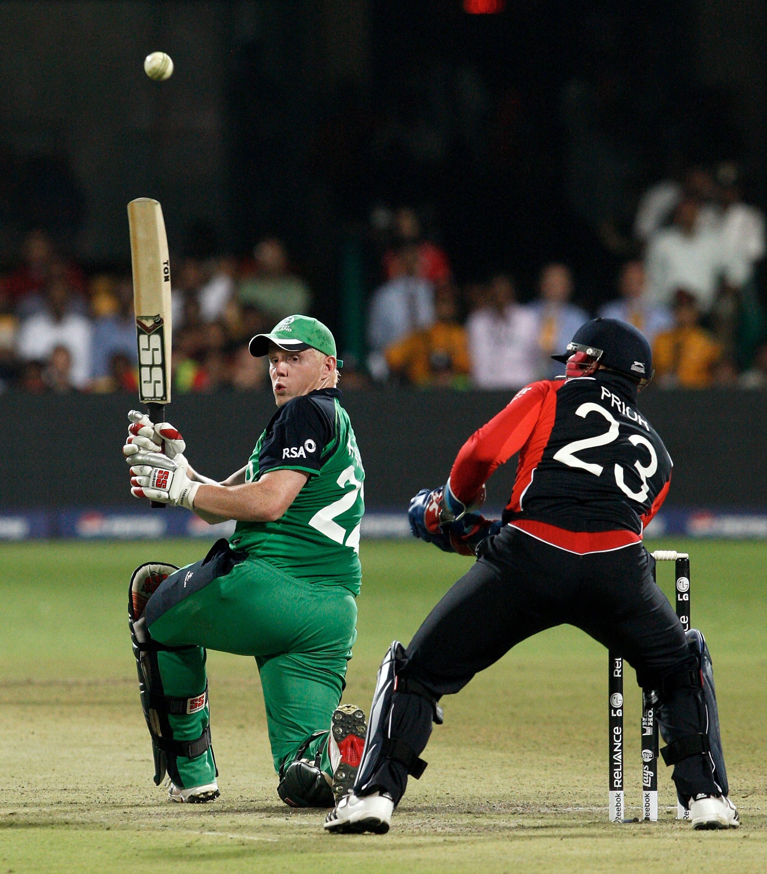 BANGALORE, INDIA - MARCH 02:  Kevin O'Brien of Ireland batting against England in the Group B  2011 ICC World Cup match between England and Ireland at M. Chinnaswamy Stadium on March 2, 2011 in Bangalore, India.  (Photo by Graham Crouch/Getty Images)