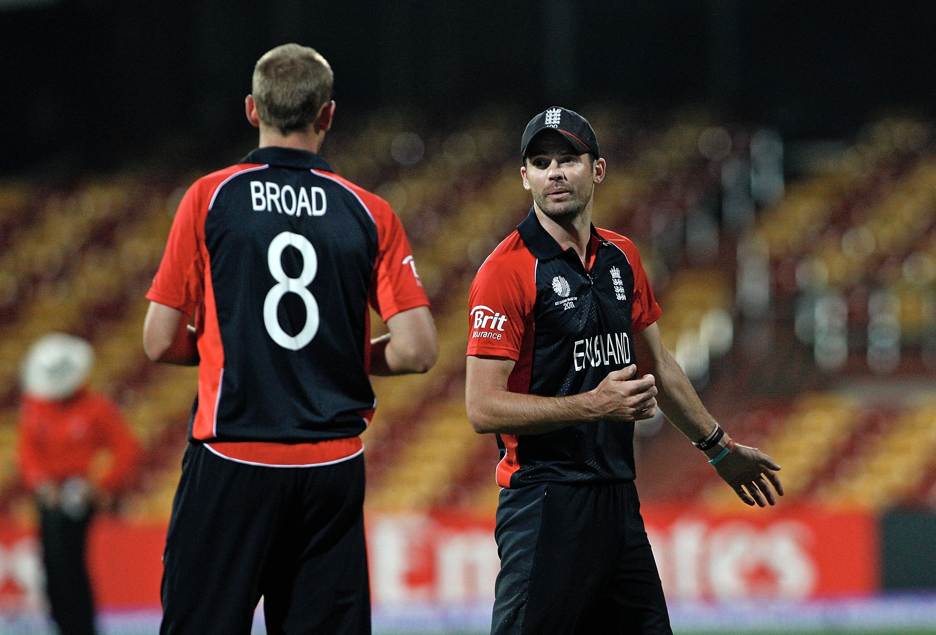 BANGALORE, INDIA - MARCH 02:  Stuart Broad (l) listens to James Anderson of England  in the Group B  2011 ICC World Cup match between England and Ireland at M. Chinnaswamy Stadium on March 2, 2011 in Bangalore, India.  (Photo by Graham Crouch/Getty Images
