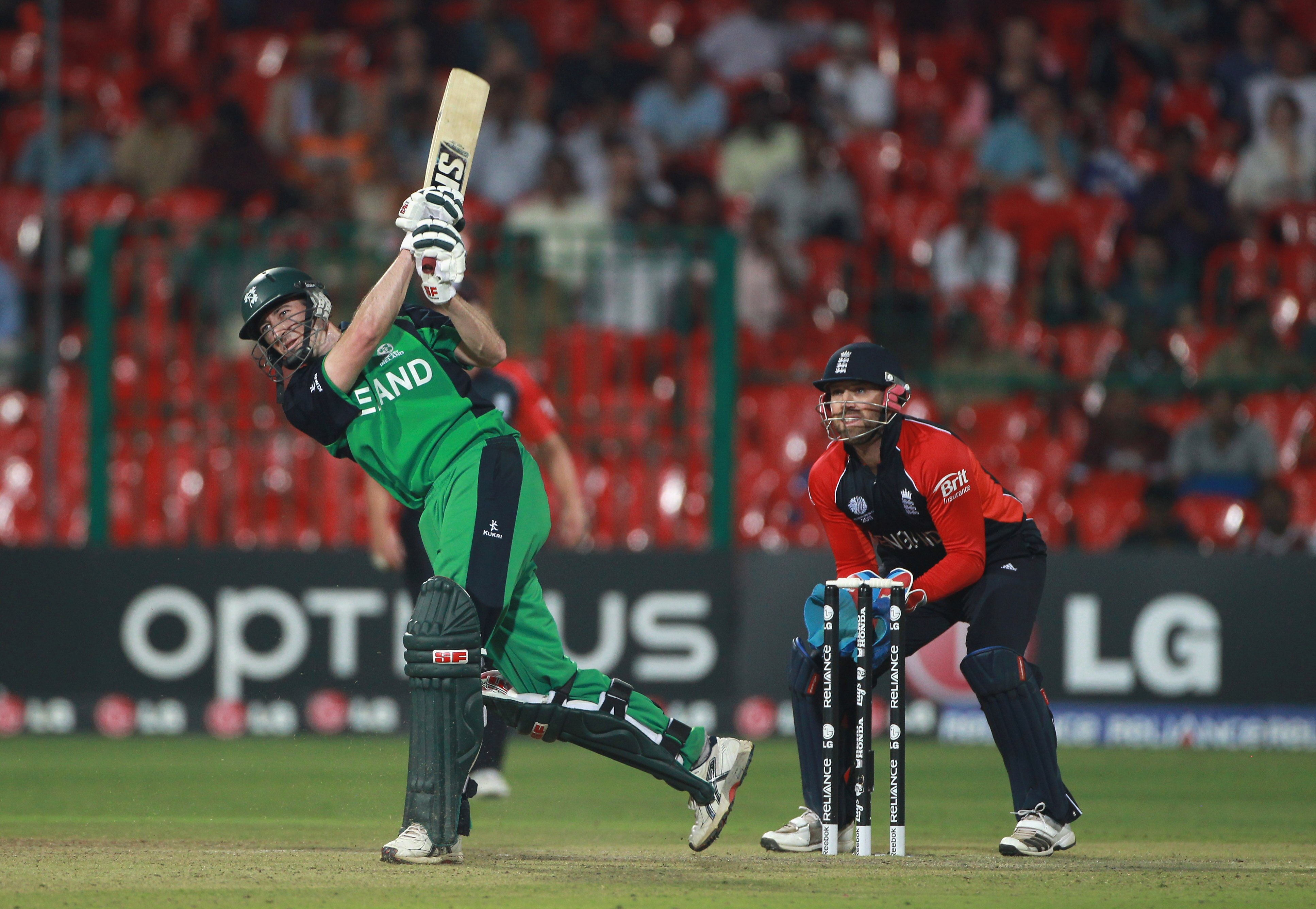 BANGALORE, INDIA - MARCH 02:  Alex Cusack of Ireland hits out during the 2011 ICC World Cup Group B match between England and Ireland at the M. Chinnaswamy Stadium on March 2, 2011 in Bangalore, India.  (Photo by Tom Shaw/Getty Images)