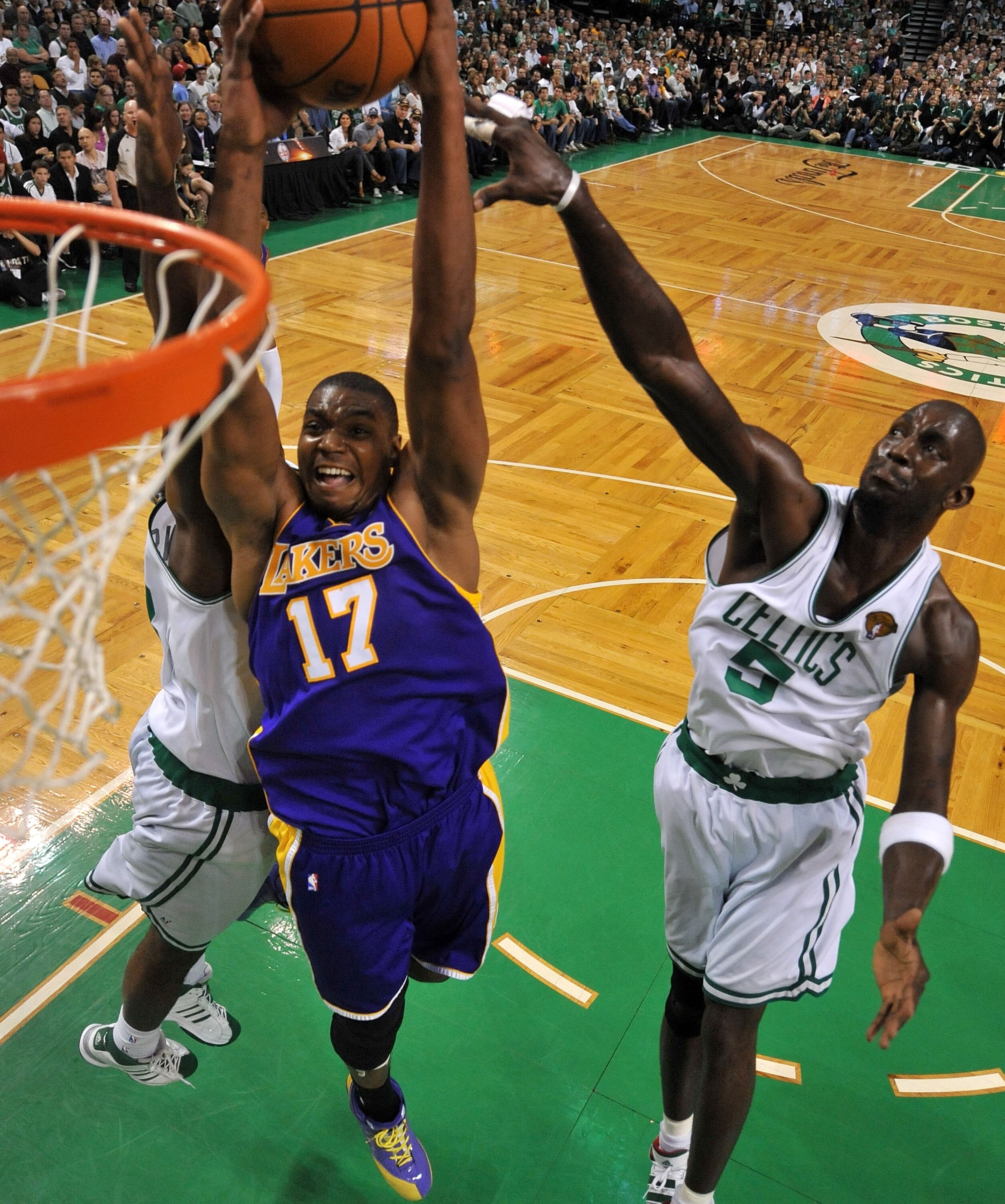 BOSTON - JUNE 13:  Andrew Bynum #17 of the Los Angeles Lakers goes to the basket against Kendrick Perkins #43 of the Boston Celtics during Game Five of the 2010 NBA Finals on June 13, 2010 at TD Garden in Boston, Massachusetts. NOTE TO USER: User expressl