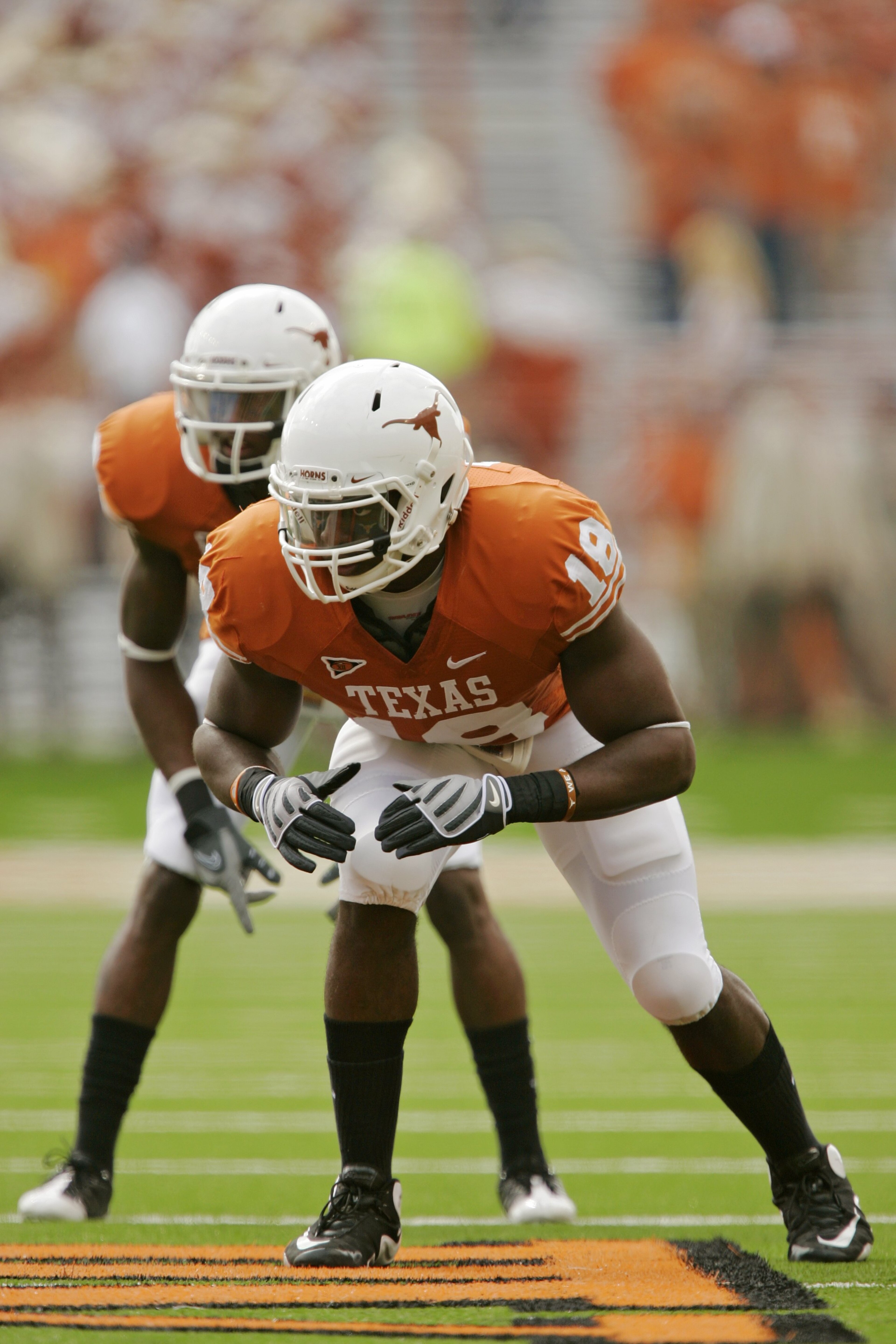 AUSTIN, TX - NOVEMBER 07:  Linebacker Emmanuel Acho #18 of the Texas Longhorns waits for the first snap by the UCF Knights on November 7, 2009 at Darrell K Royal - Texas Memorial Stadium in Austin, Texas.  Texas won 35-3.  (Photo by Brian Bahr/Getty Image