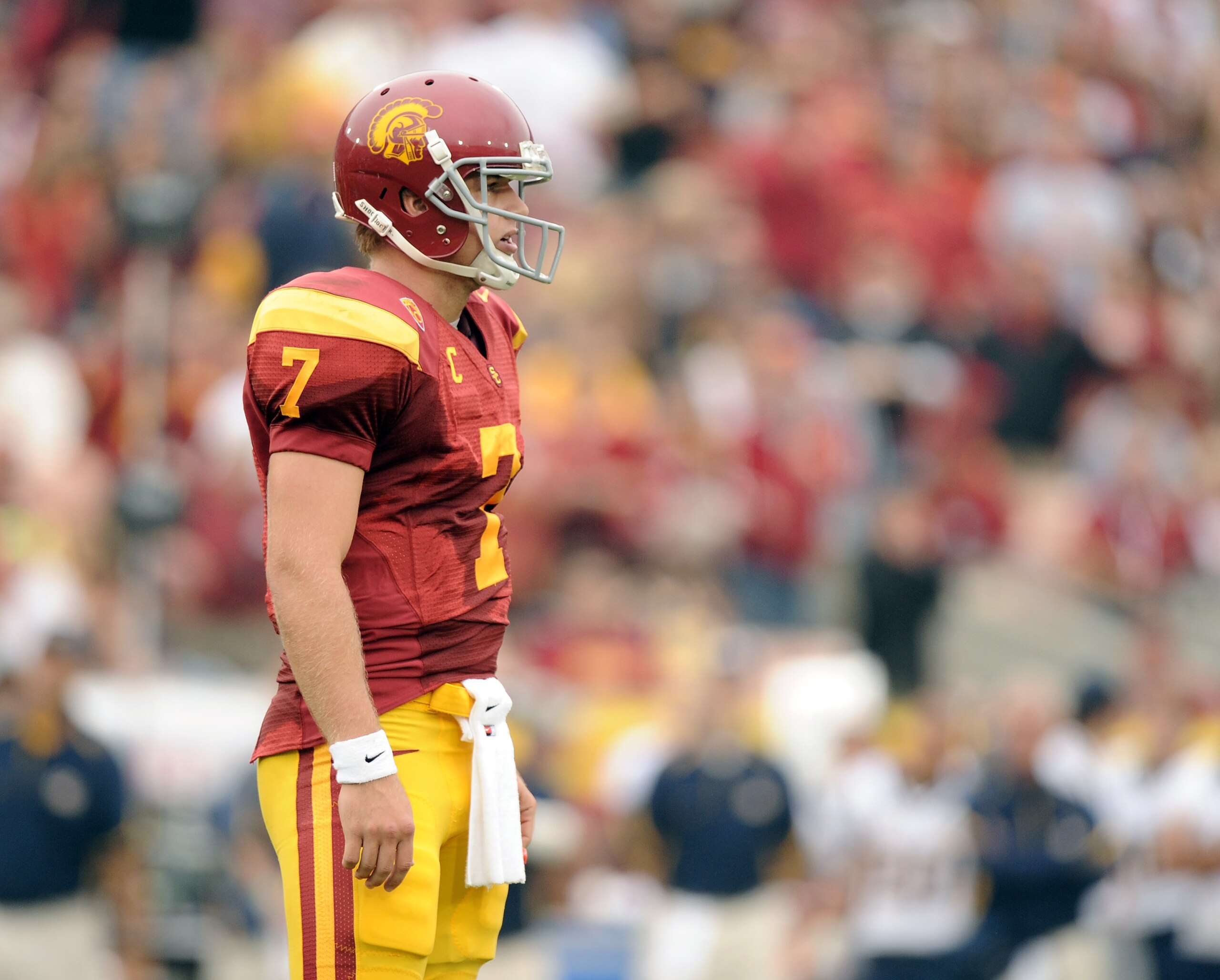 LOS ANGELES, CA - OCTOBER 16: Matt Barkley #7 of the USC Trojans waits for a play from the sidelines during the game against the California Golden Bears at Los Angeles Memorial Coliseum on October 16, 2010 in Los Angeles, California. (Photo by Harry How LOS ANGELES, CA - OCTOBER 16: Matt Barkley #7 of the USC Trojans waits for a play from the sidelines during the game against the California Golden Bears at Los Angeles Memorial Coliseum on October 16, 2010 in Los Angeles, California. (Photo by Harry How