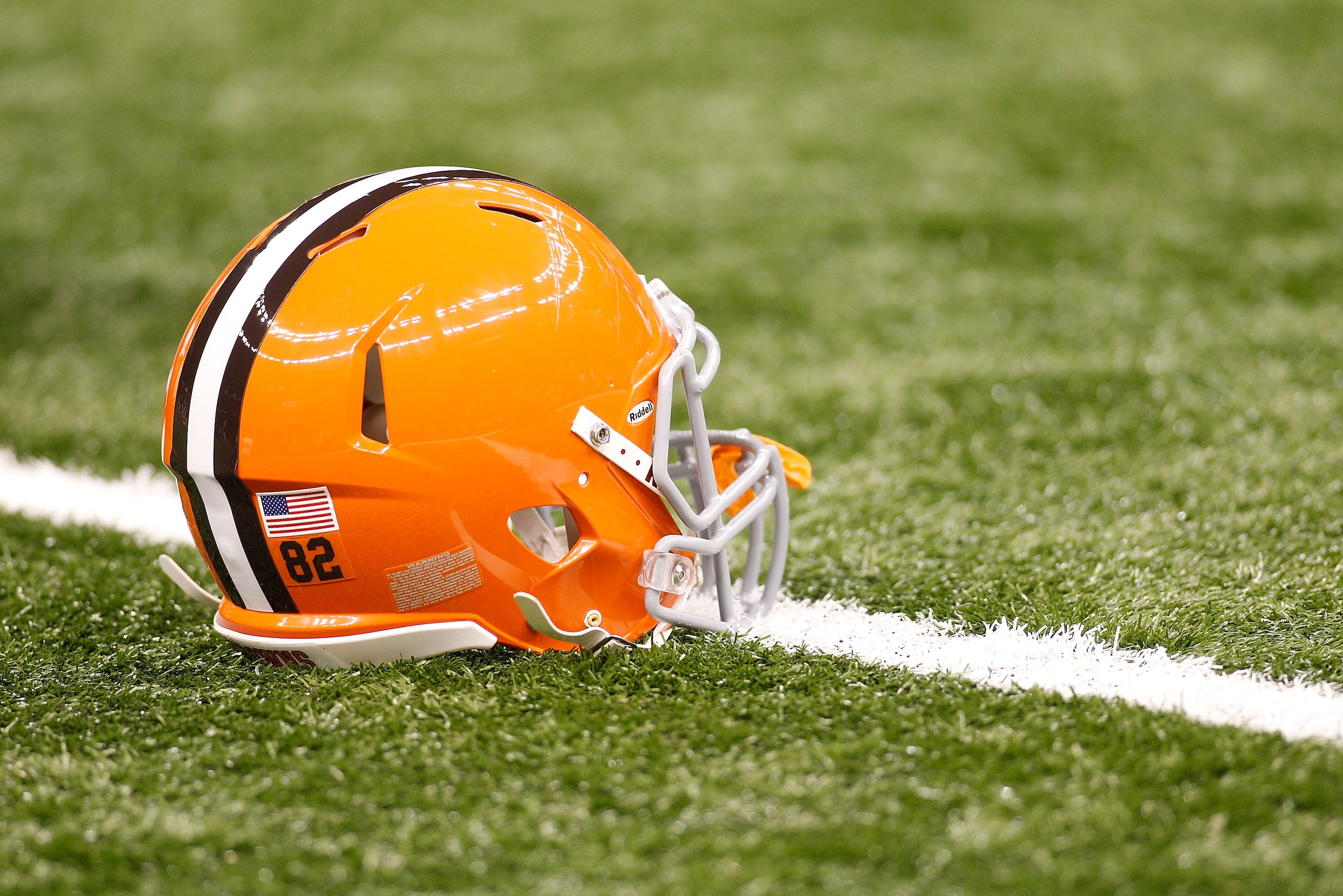 NEW ORLEANS - OCTOBER 24:  A helmet of the Cleveland Browns sits on the turf during pregame before playing the New Orleans Saints at the Louisiana Superdome on October 24, 2010 in New Orleans, Louisiana.  (Photo by Chris Graythen/Getty Images)