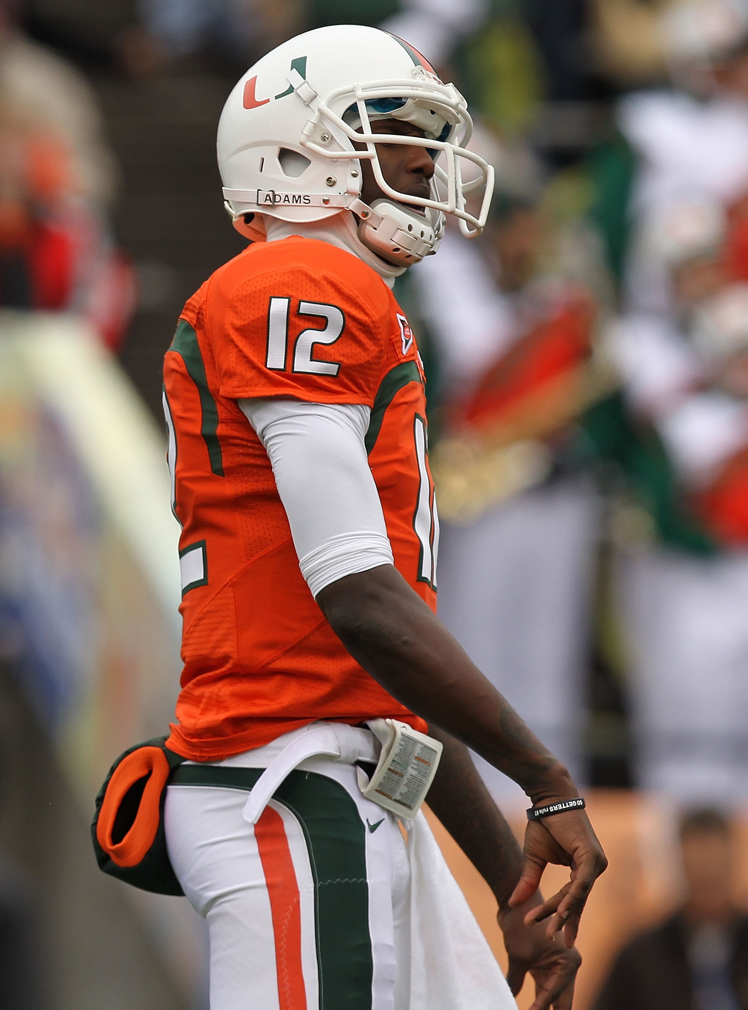 EL PASO, TX - DECEMBER 30: Quarterback Jacory Harris #12 of the Miami Hurricanes reacts after a pass interception against the Notre Dame Fighting Irish during the Hyundai Sun Bowl at Sun Bowl on December 30, 2010 in El Paso, Texas. (Photo by Ronald Mart EL PASO, TX - DECEMBER 30: Quarterback Jacory Harris #12 of the Miami Hurricanes reacts after a pass interception against the Notre Dame Fighting Irish during the Hyundai Sun Bowl at Sun Bowl on December 30, 2010 in El Paso, Texas. (Photo by Ronald Mart