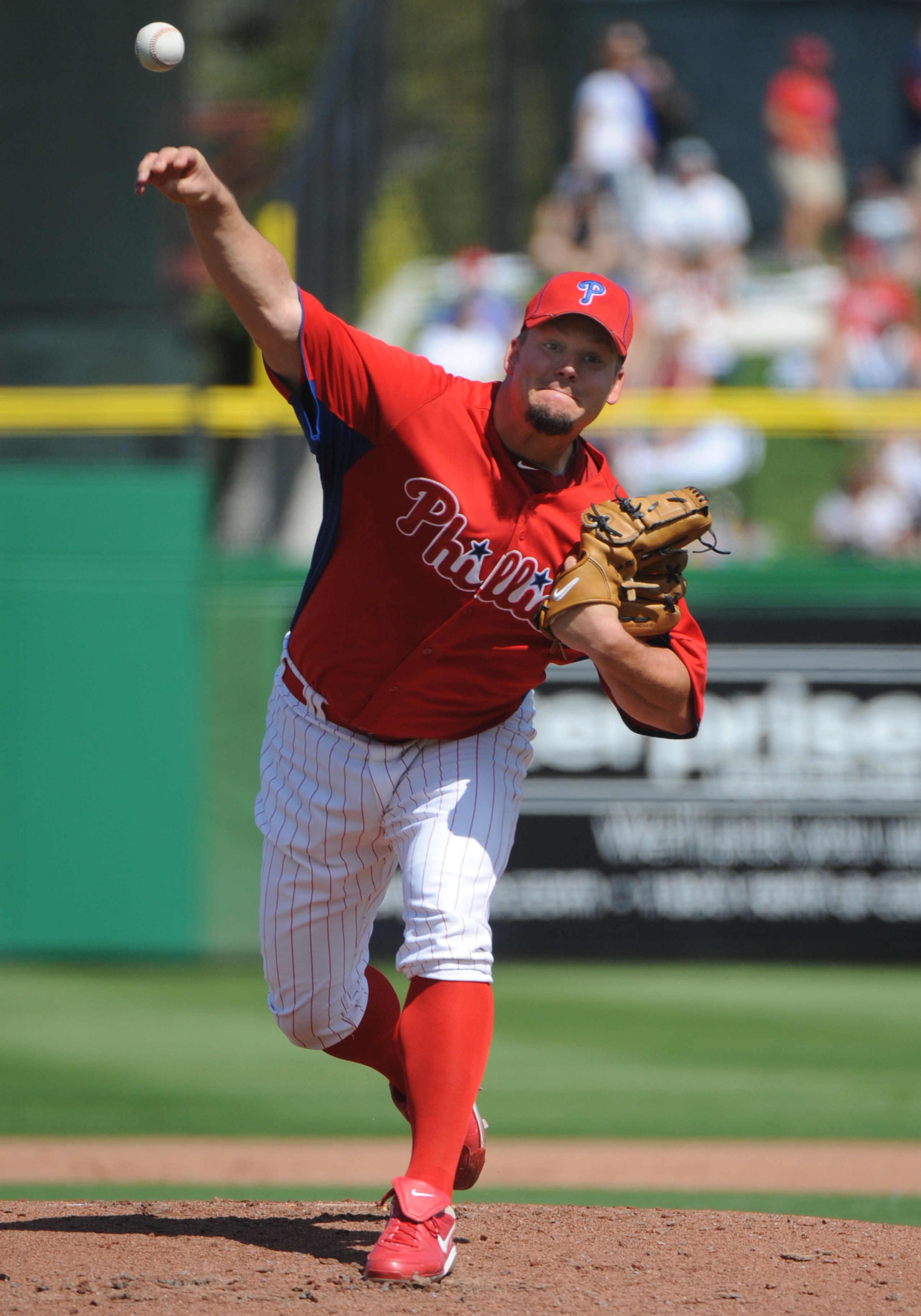 CLEARWATER, FL - FEBRUARY 27:  Pitcher Joe Blanton #56 of the  Philadelphia Phillies starts against the New York Yankees February 27, 2011 at Bright House Field in Clearwater, Florida.  (Photo by Al Messerschmidt/Getty Images)