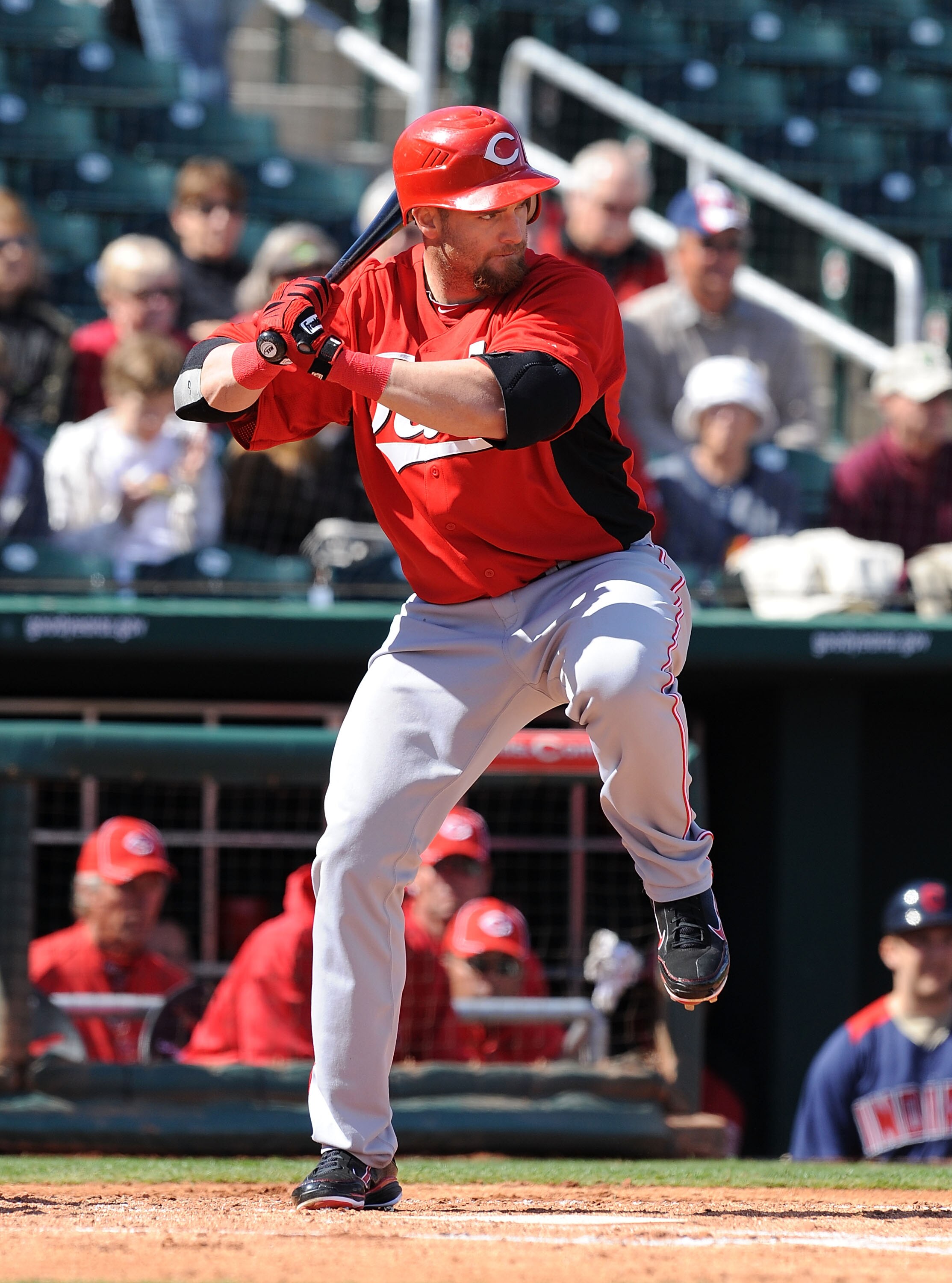 GOODYEAR, AZ - FEBRUARY 27:  Jonny Gomes #31 of the Cincinnati Reds takes an at bat against the Cleveland Indians at Goodyear Ballpark on February 27, 2011 in Goodyear, Arizona.  (Photo by Norm Hall/Getty Images)