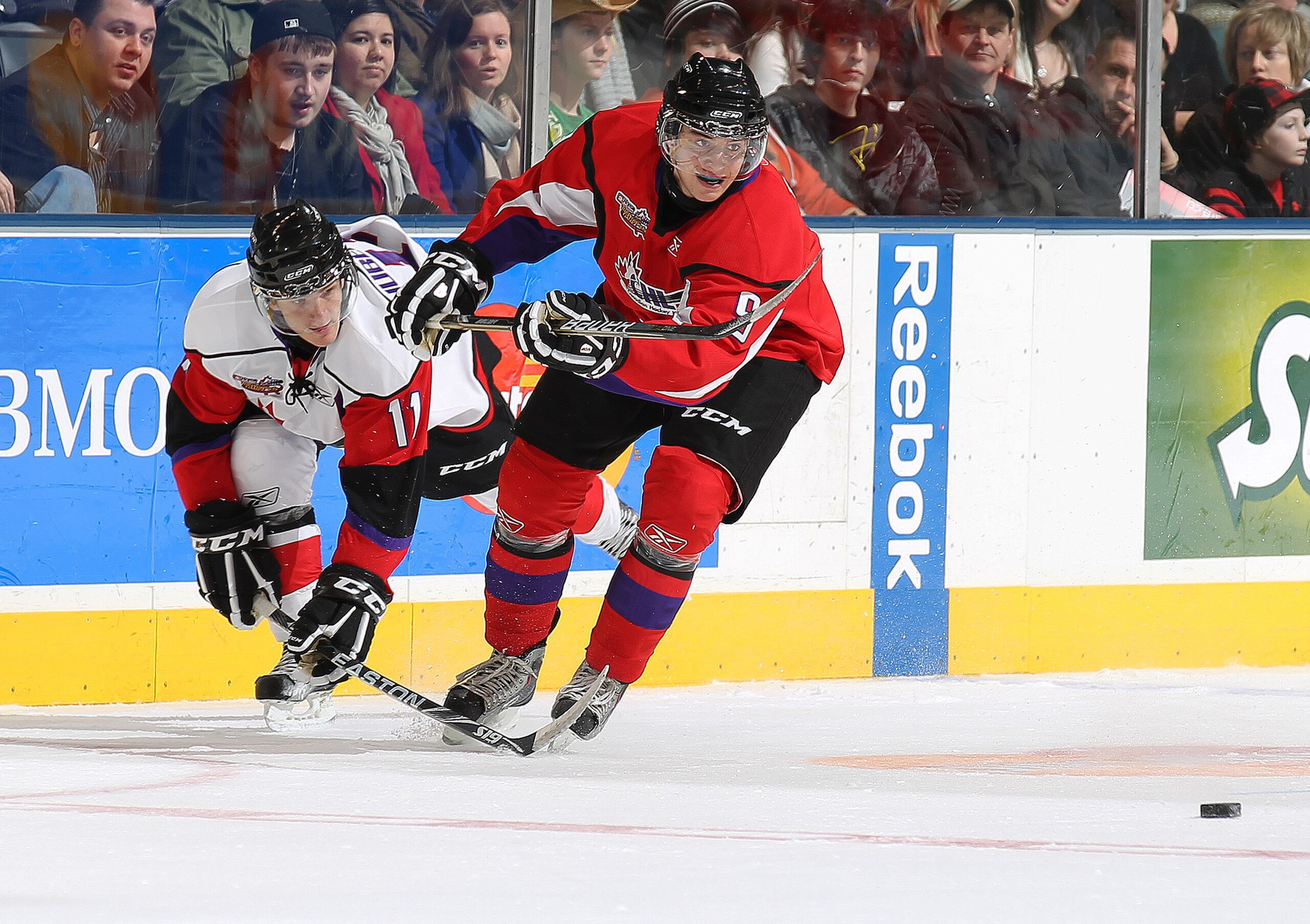 TORONTO, CAN - JANUARY 19:  Tobias Rieder #9 of Team Cherry tries to stop Jonathan Huberdeau #11 of Team Orr from getting a pass away in the 2011 Home Hardware Top Prospects game on January 19, 2011 at the Air Canada Centre in Toronto, Canada. Team Orr de