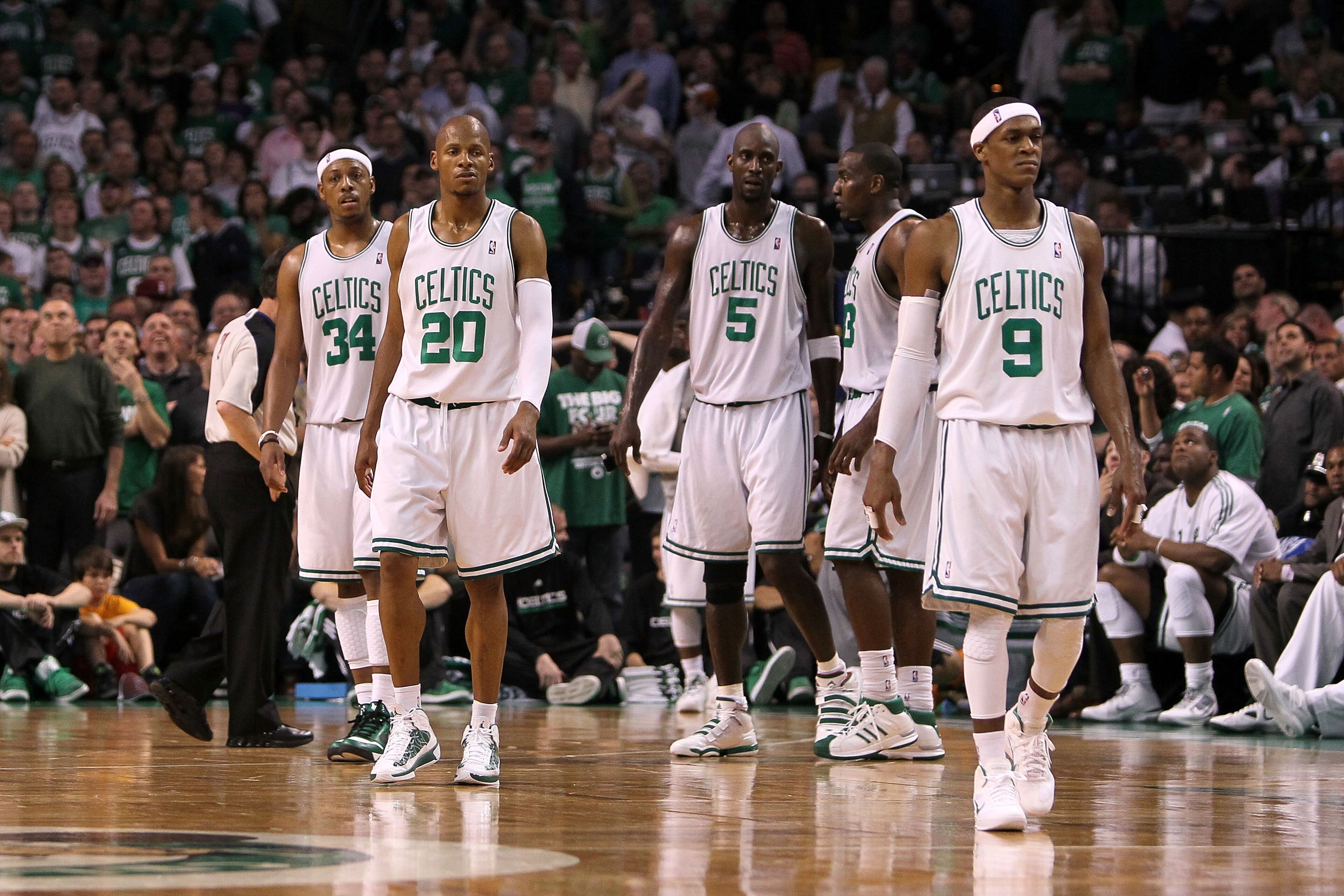 BOSTON - MAY 28: (L-R) Paul Pierce #34, Ray Allen #20, Kevin Garnett #5 and Rajon Rondo #9 of the Boston Celtics look on against the Orlando Magic in Game Six of the Eastern Conference Finals during the 2010 NBA Playoffs at TD Garden on May 28, 2010 in B BOSTON - MAY 28: (L-R) Paul Pierce #34, Ray Allen #20, Kevin Garnett #5 and Rajon Rondo #9 of the Boston Celtics look on against the Orlando Magic in Game Six of the Eastern Conference Finals during the 2010 NBA Playoffs at TD Garden on May 28, 2010 in B
