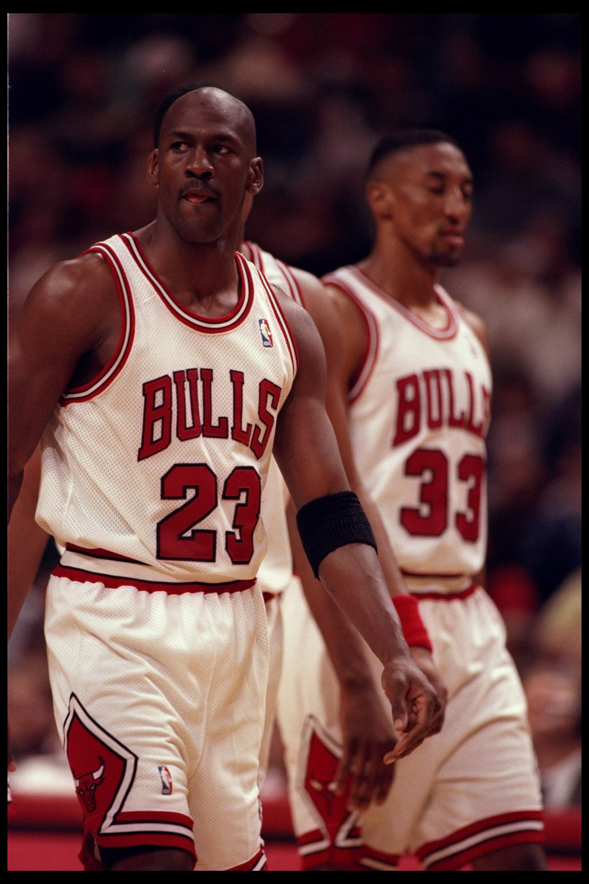 20 Apr 1996:  Chicago Bulls guard Michael Jordan and forward Scottie Pippen look on duirng a game against the Indiana Pacers played at the United Center in Chicago, Illinois.  The Pacers won the game, 100-99. Mandatory Credit: Jonathan Daniel  /Allsport