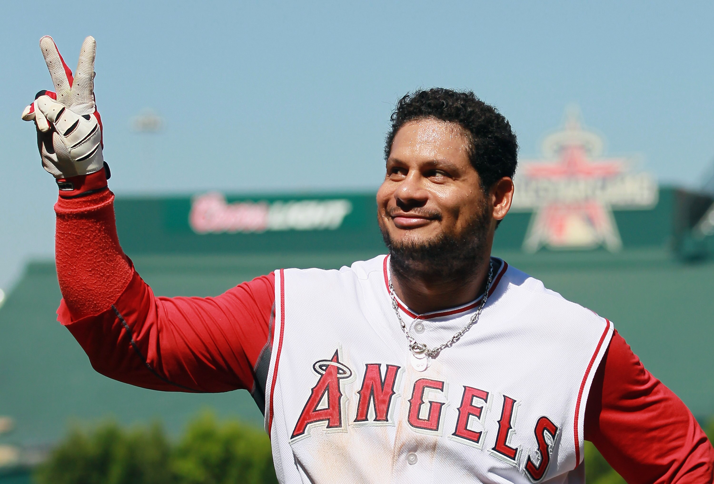 ANAHEIM, CA - AUGUST 11:  Bobby Abreu #53 of the Los Angeles Angels of Anaheim acknowledges the fans after hitting the game winning walk-off solo home run in the 10th inning a gainst the Kansas City Royals at Angel Stadium on August 11, 2010 in Anaheim, C
