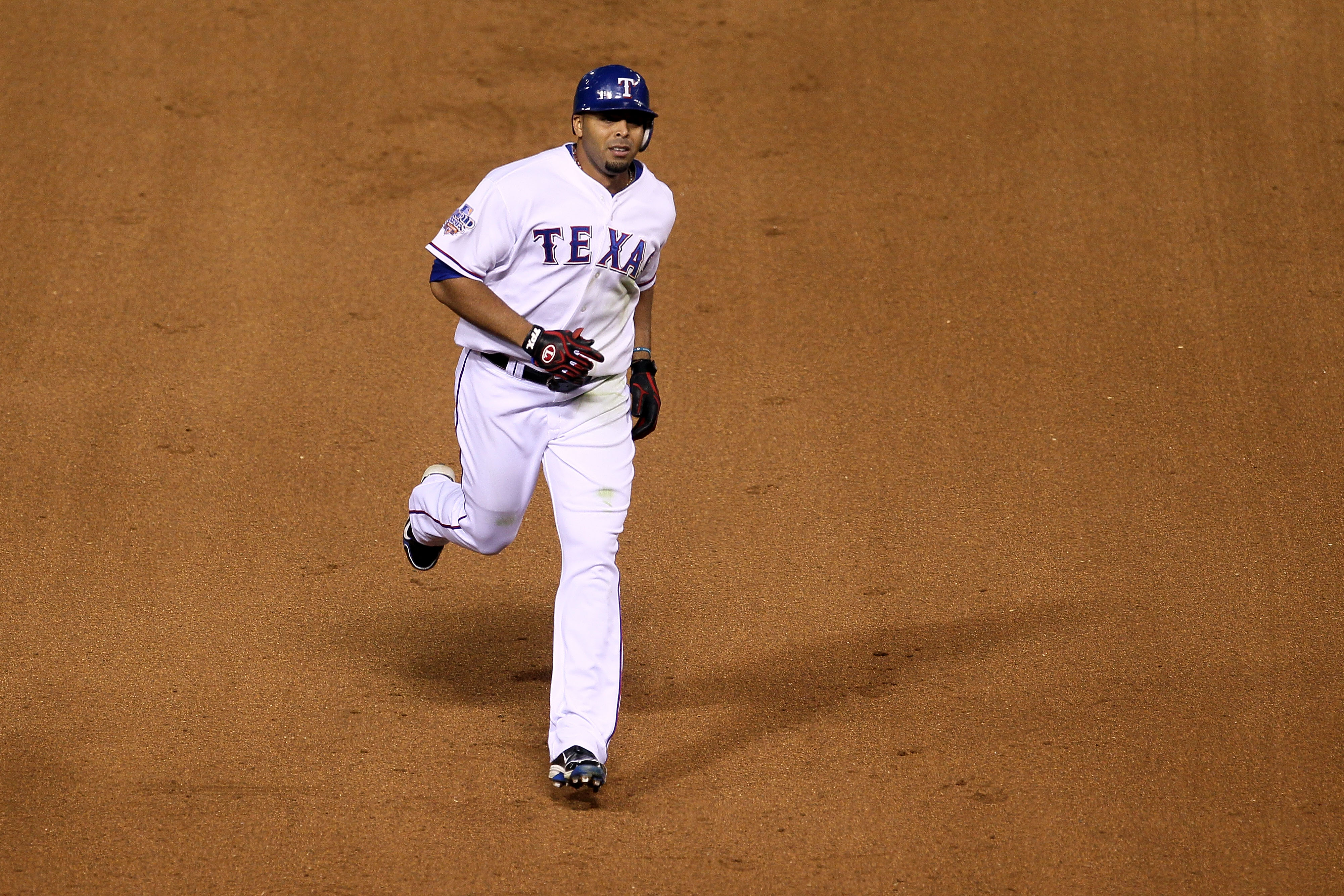 ARLINGTON, TX - NOVEMBER 01:  Nelson Cruz #17 of the Texas Rangers runs the bases on his solo home run in the seventh inning against the San Francisco Giants in Game Five of the 2010 MLB World Series at Rangers Ballpark in Arlington on November 1, 2010 in
