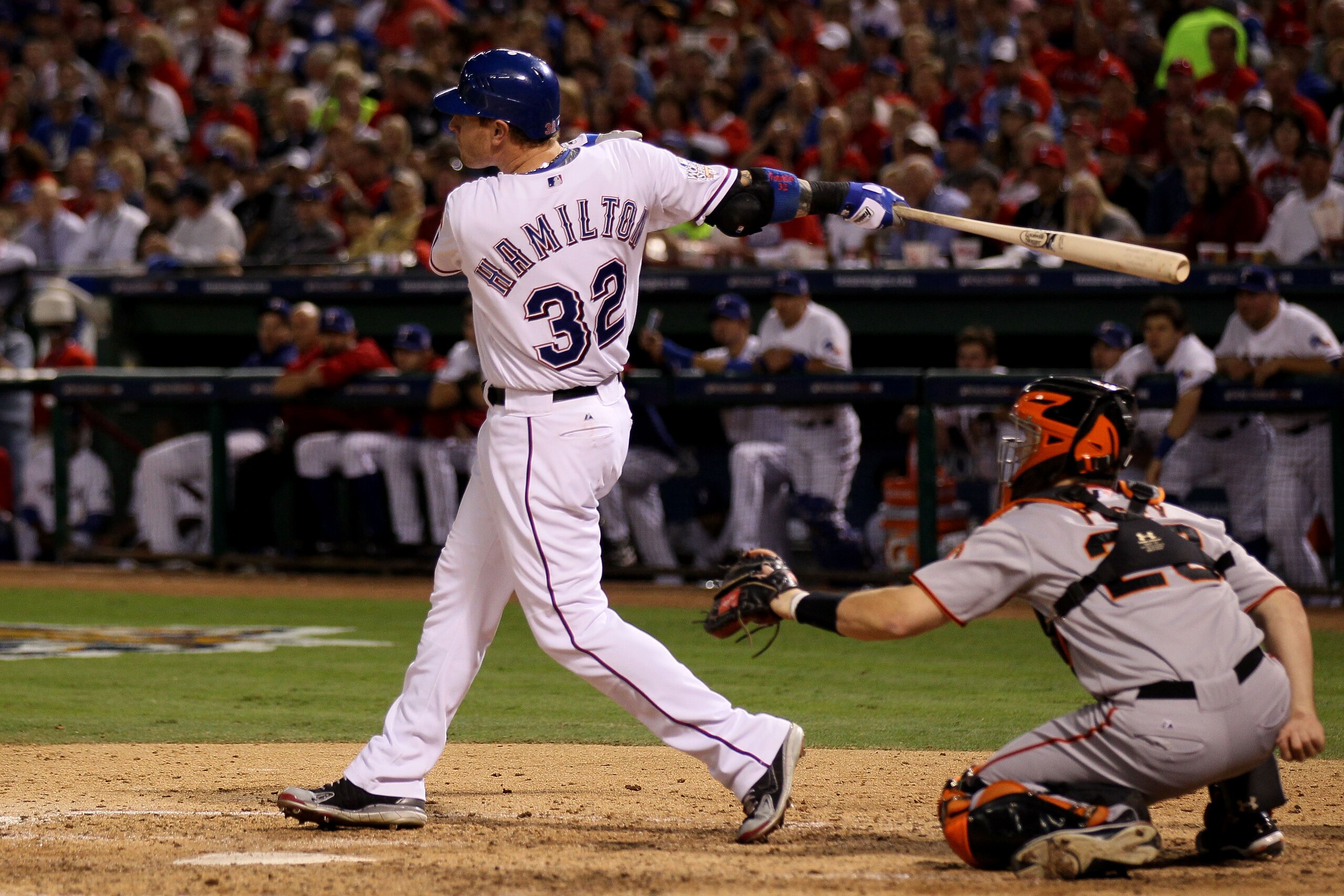 ARLINGTON, TX - OCTOBER 30:  Josh Hamilton #32 of the Texas Rangers hits a solo home run in the bottom of the fifth inning against the San Francisco Giants in Game Three of the 2010 MLB World Series at Rangers Ballpark in Arlington on October 30, 2010 in 