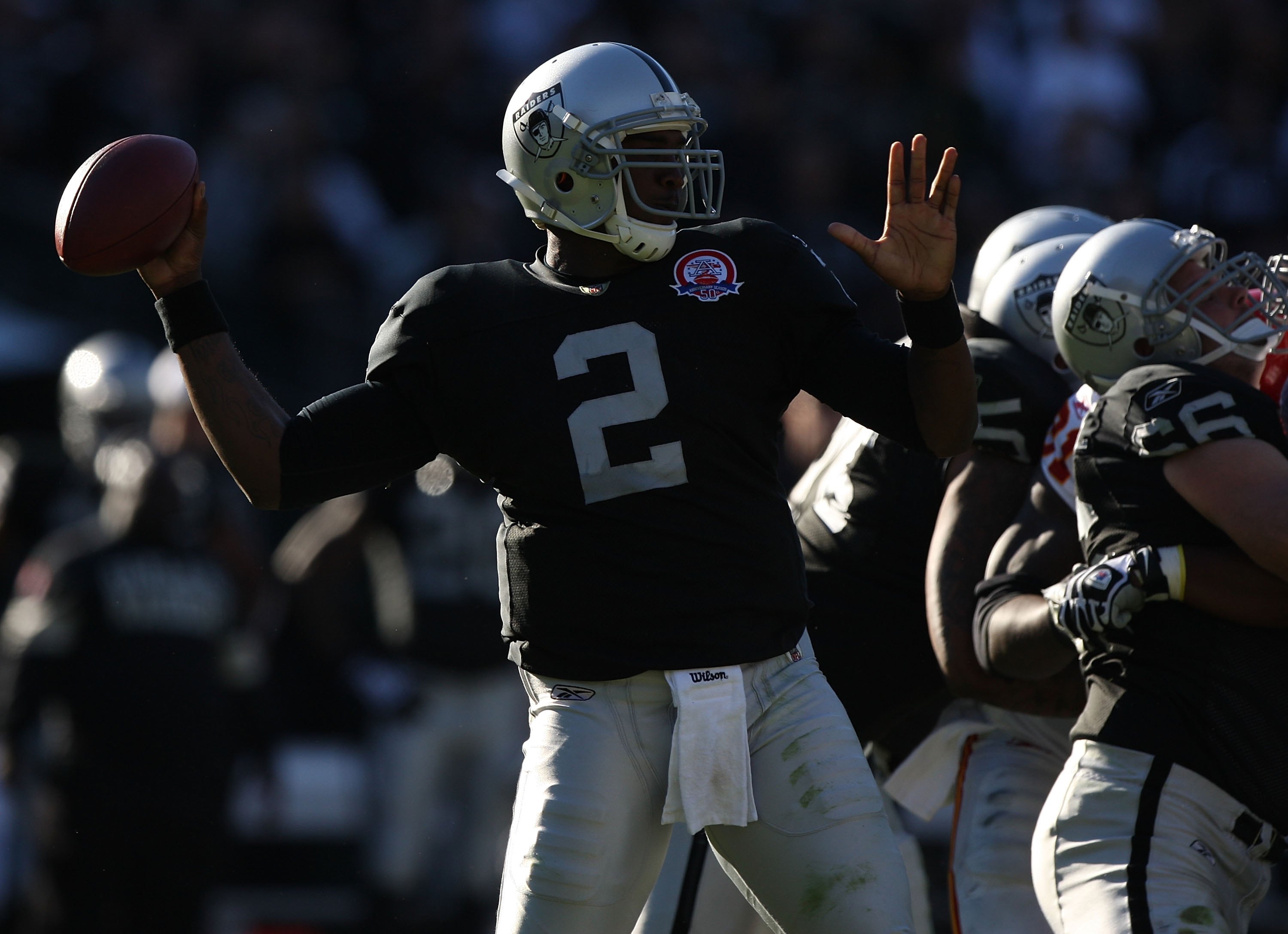 OAKLAND, CA - NOVEMBER 15:  JaMarcus Russell #2 of the Oakland Raiders passes against the Kansas City Chiefs during an NFL game at Oakland-Alameda County Coliseum on November 15, 2009 in Oakland, California.  (Photo by Jed Jacobsohn/Getty Images)