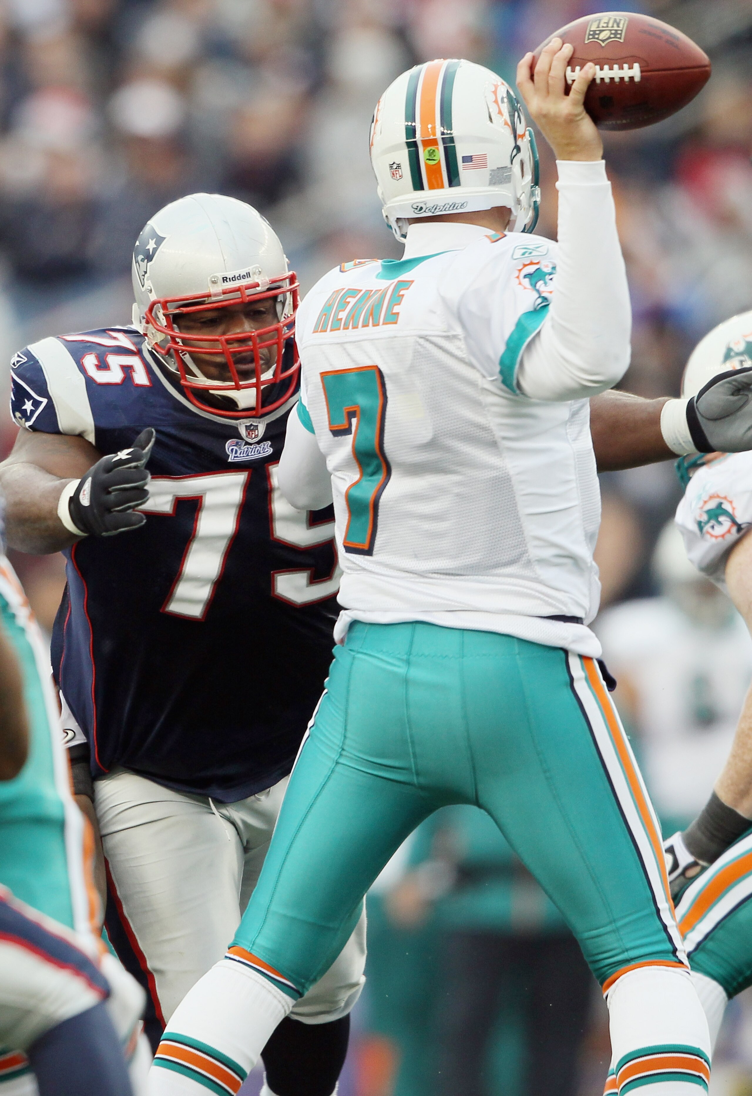 FOXBORO, MA - JANUARY 02: Vince Wilfork #75 of the New England Patriots pressures Chad Henne #7 of the Miami Dolphins on January 2, 2011 at Gillette Stadium in Foxboro, Massachusetts. (Photo by Elsa/Getty Images) FOXBORO, MA - JANUARY 02: Vince Wilfork #75 of the New England Patriots pressures Chad Henne #7 of the Miami Dolphins on January 2, 2011 at Gillette Stadium in Foxboro, Massachusetts. (Photo by Elsa/Getty Images)