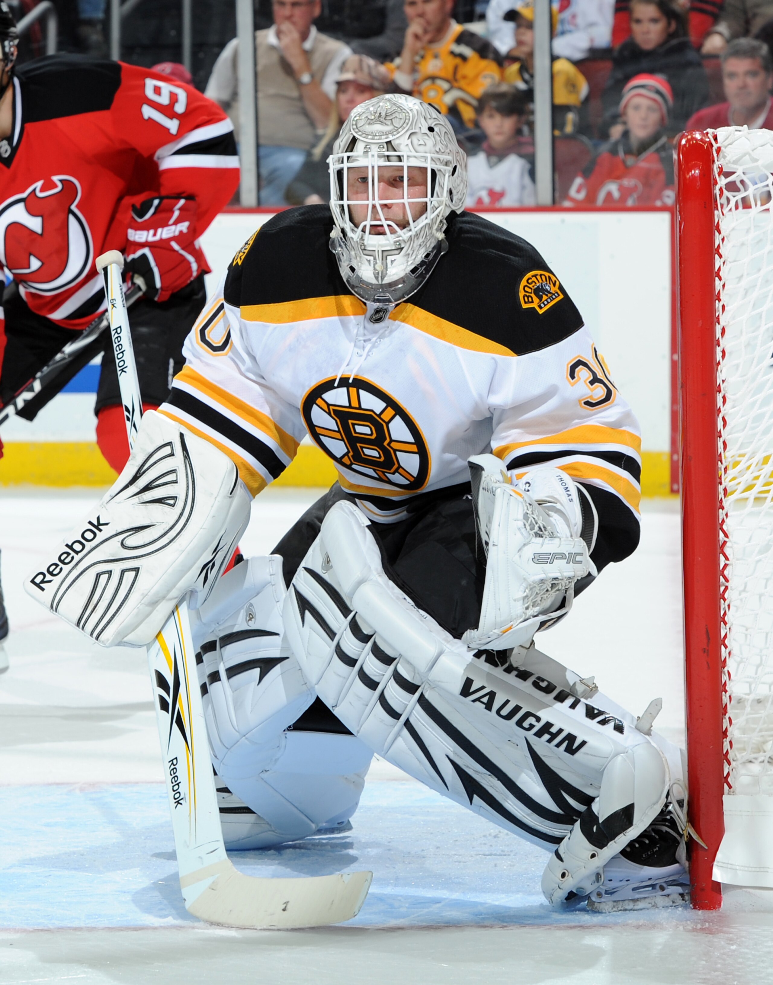 NEWARK, NJ - OCTOBER 16: Tim Thomas #30 of the Boston Bruins tends goal during the first period against the New Jersey Devils at the Prudential Center on October 16, 2010 in Newark, New Jersey. (Photo by Christopher Pasatieri/Getty Images)