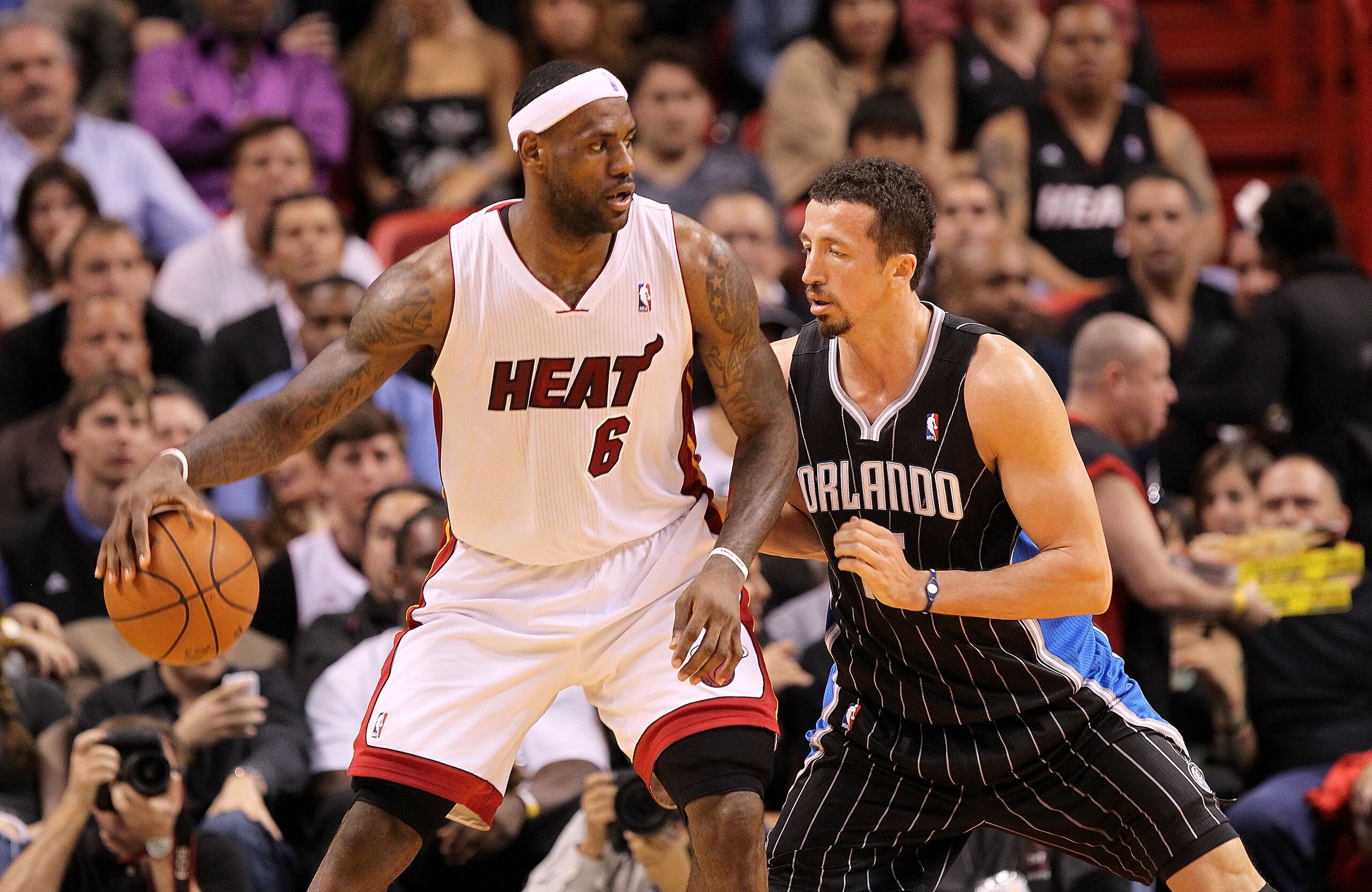 MIAMI, FL - MARCH 03: LeBron James #6 of the Miami Heat posts up Hedo Turkoglu #15 of the Orlando Magic during a game at American Airlines Arena on March 3, 2011 in Miami, Florida. NOTE TO USER: User expressly acknowledges and agrees that, by downloading