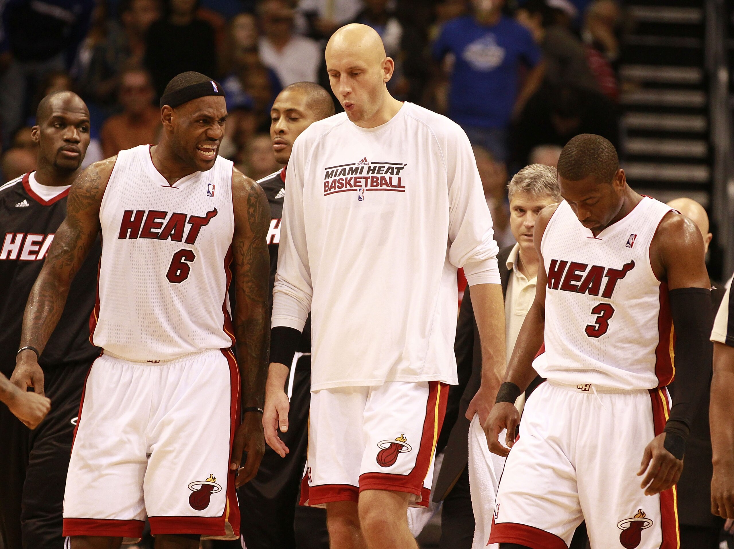 ORLANDO, FL - FEBRUARY 03:  Forwad LeBron James #6, Center Zydrunas Ilgauskas and Guard Dwyane Wade #3 of the Miami Heat against the Orlando Magic at Amway Arena on February 3, 2011 in Orlando, Florida. NOTE TO USER: User expressly acknowledges and agrees