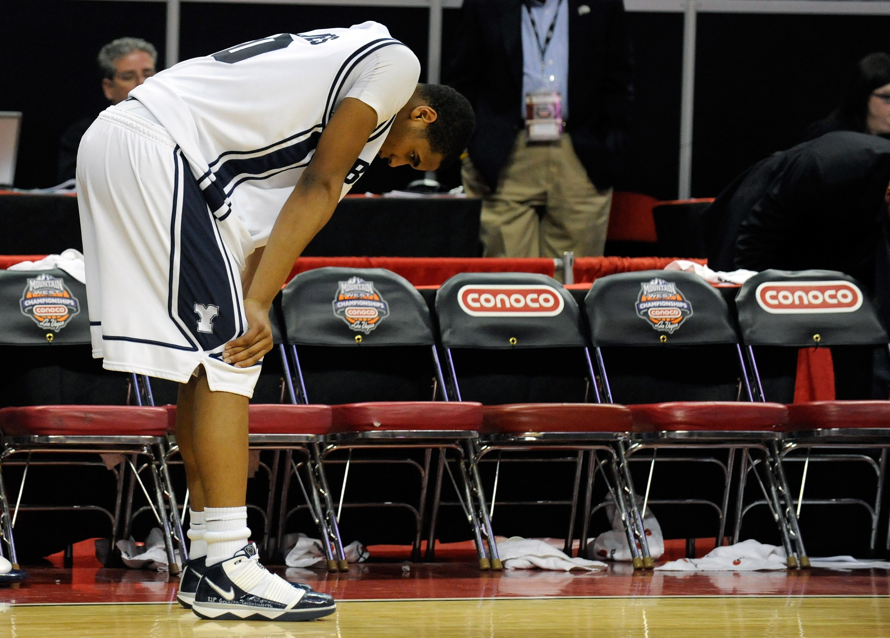 LAS VEGAS - MARCH 12:  Brandon Davies # 0 of the Brigham Young University Cougars is dejected after the team's 70-66 loss to the UNLV Rebels in a semifinal game of the Conoco Mountain West Conference Basketball tournament at the Thomas & Mack Center March