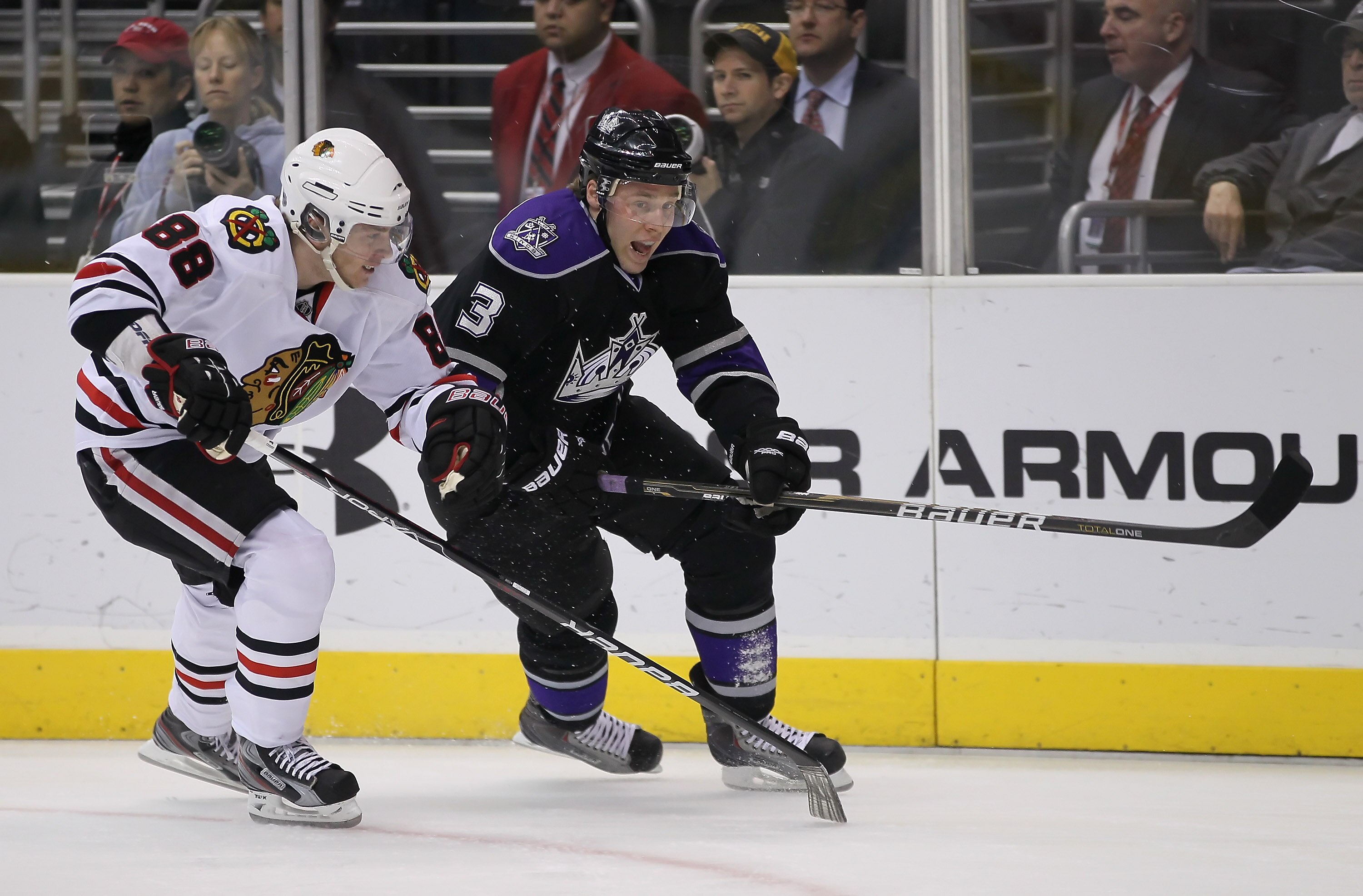 LOS ANGELES, CA - JANUARY 03: Patrick Kane #88 of the Chicago Blackhawks skates against Jack Johnson #3 of the Los Angeles Kings at Staples Center on January 3, 2011 in Los Angeles, California. The Blackhawks defeated the Kings 4-3. (Photo by Jeff Gross LOS ANGELES, CA - JANUARY 03: Patrick Kane #88 of the Chicago Blackhawks skates against Jack Johnson #3 of the Los Angeles Kings at Staples Center on January 3, 2011 in Los Angeles, California. The Blackhawks defeated the Kings 4-3. (Photo by Jeff Gross