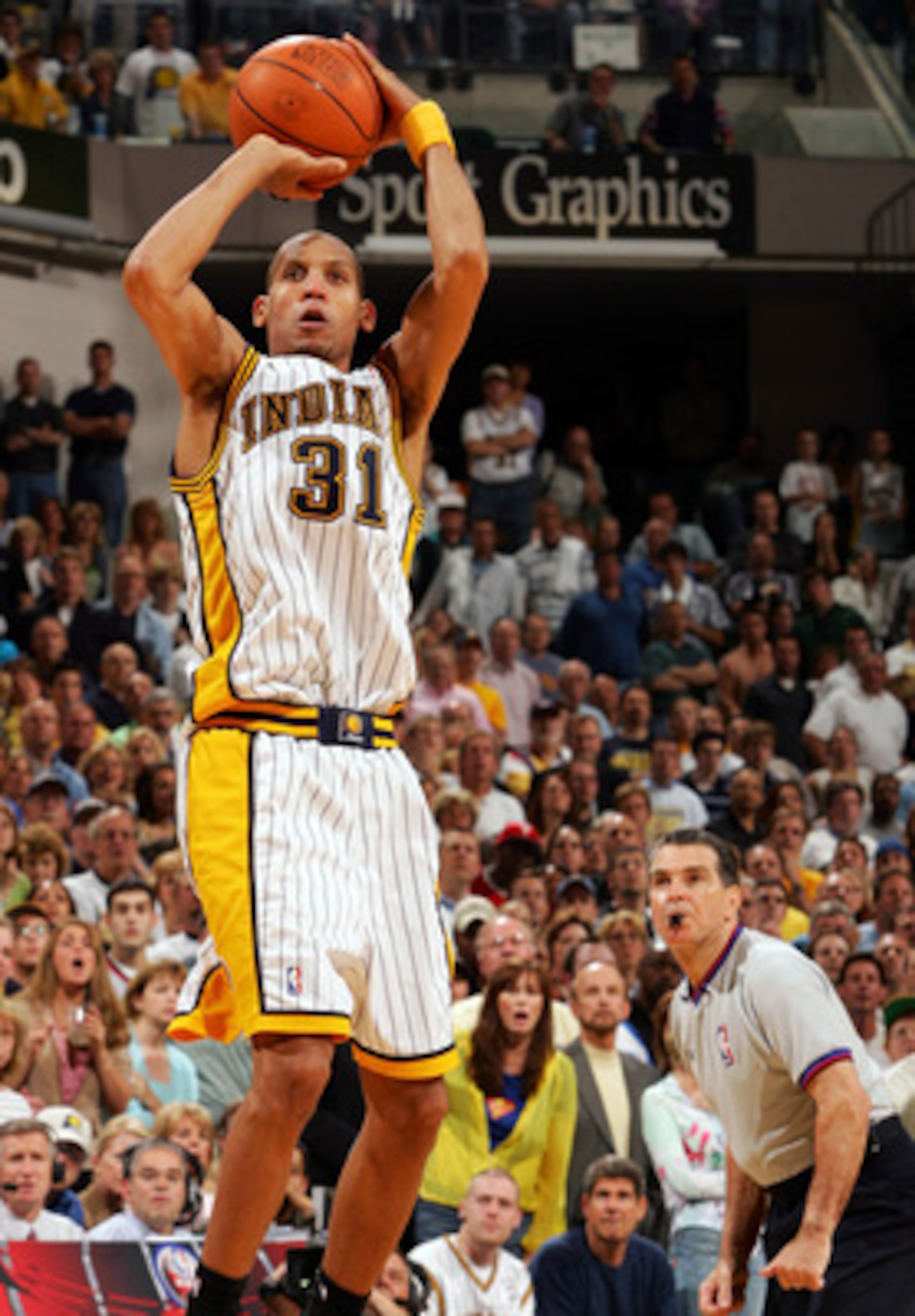 INDIANAPOLIS - MAY 13:  Reggie Miller #31 of the Indiana Pacers takes the last shot of the game against the Detroit Pacers in Game three of the Eastern Conference Semifinals during the 2005 NBA Playoffs at Conseco Fieldhouse on May 13, 2005 in Indianapoli