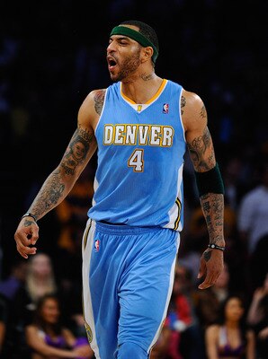 LOS ANGELES, CA - APRIL 03:  Kenyon Martin #4 of the Denver Nuggets celebrates after scoring a basket against the Los Angeles Lakers during the NBA basketball game at Staples Center on April 3, 2011 in Los Angeles, California. NOTE TO USER: User expressly