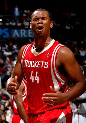 ATLANTA - NOVEMBER 20:  Chuck Hayes #44 of the Houston Rockets reacts to being called for a foul during the game against the Atlanta Hawks at Philips Arena on November 20, 2009 in Atlanta, Georgia.  NOTE TO USER: User expressly acknowledges and agrees tha