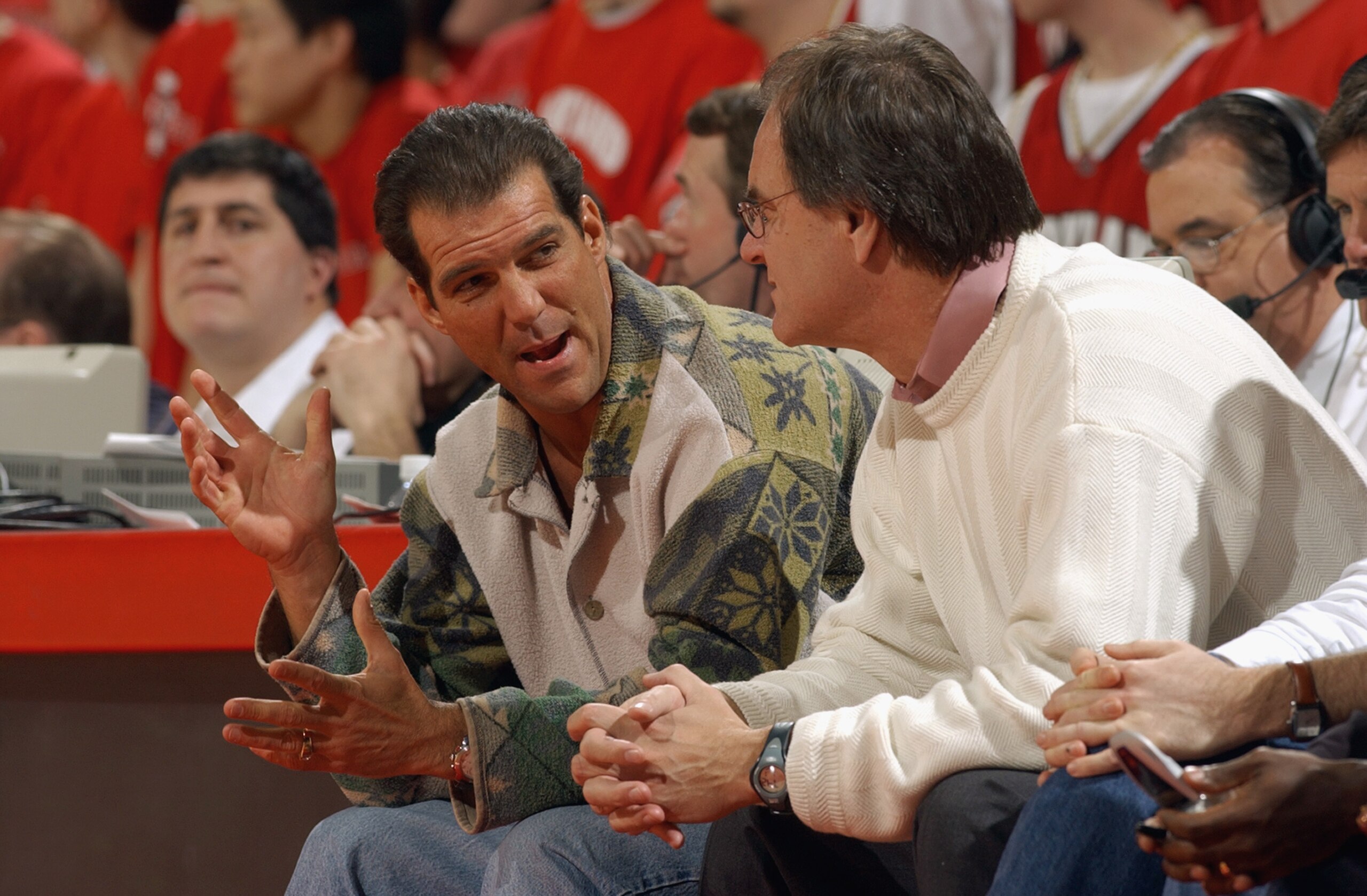 COLLEGE PARK, MD - FEBRUARY 25:  Baltimore Ravens minority owner Stephen Bisciotti chats with Ravens head coach Brian Billick as they watch from the front row during the game between the Maryland Terrapins and the Clemson Tigers at the Comcast Center on F