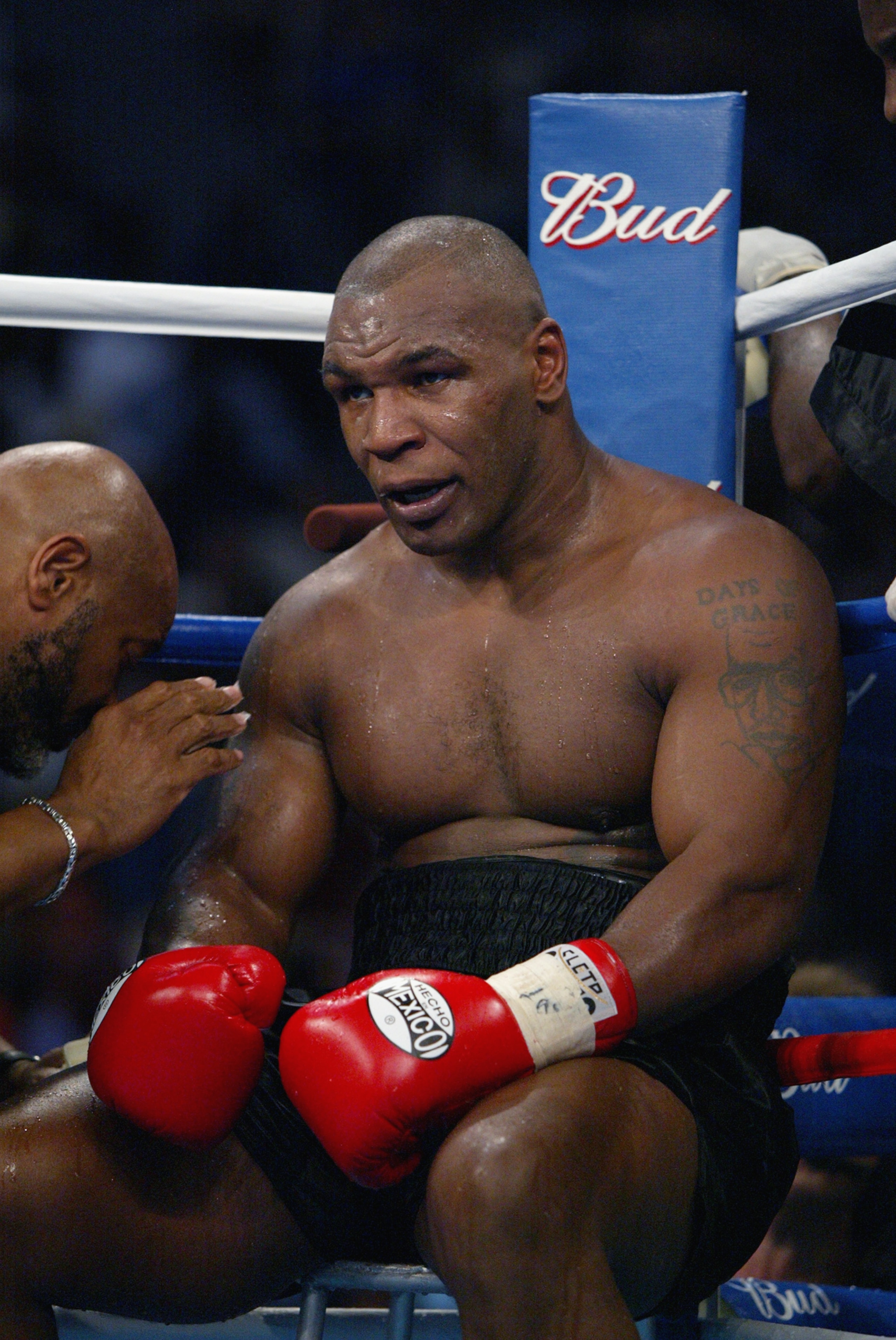 MEMPHIS, TN - JUNE 8:  Mike Tyson prepares to face  Lennox Lewis during their WBC/IBF heavyweight championship bout on June 8, 2002 at The Pyramid in Memphis, Tennessee.  Lewis won the bout by way of knockout in the 8th round.  (Photo by Al Bello/Getty Im