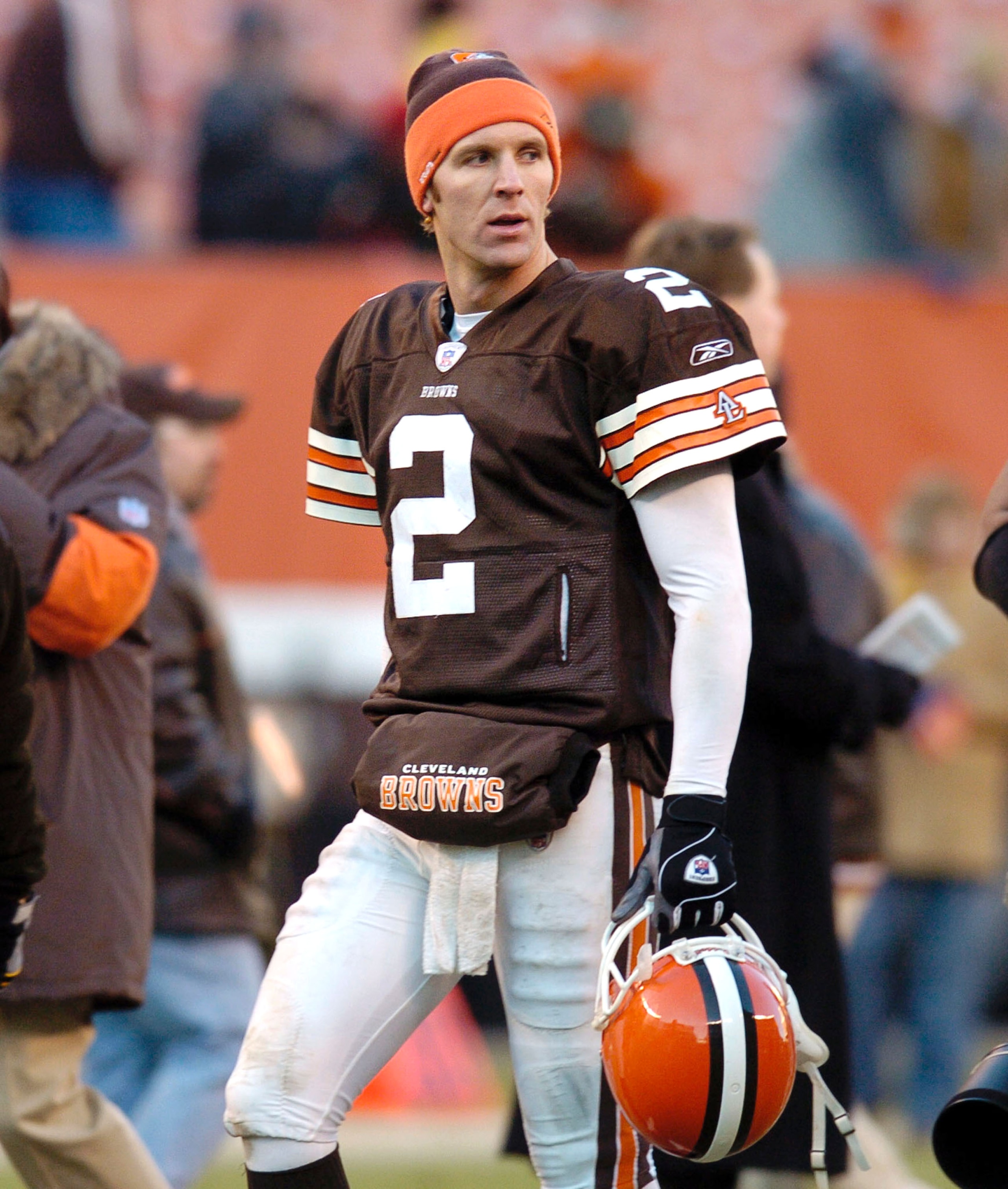 CLEVELAND, OH - DECEMBER 21:  Quarterback Tim Couch #2 of the Cleveland Browns walks off the field after the game against the Baltimore Ravens on December 21, 2003 at Cleveland Browns Stadium in Cleveland, Ohio. Baltimore defeated Cleveland 35-0.  (Photo