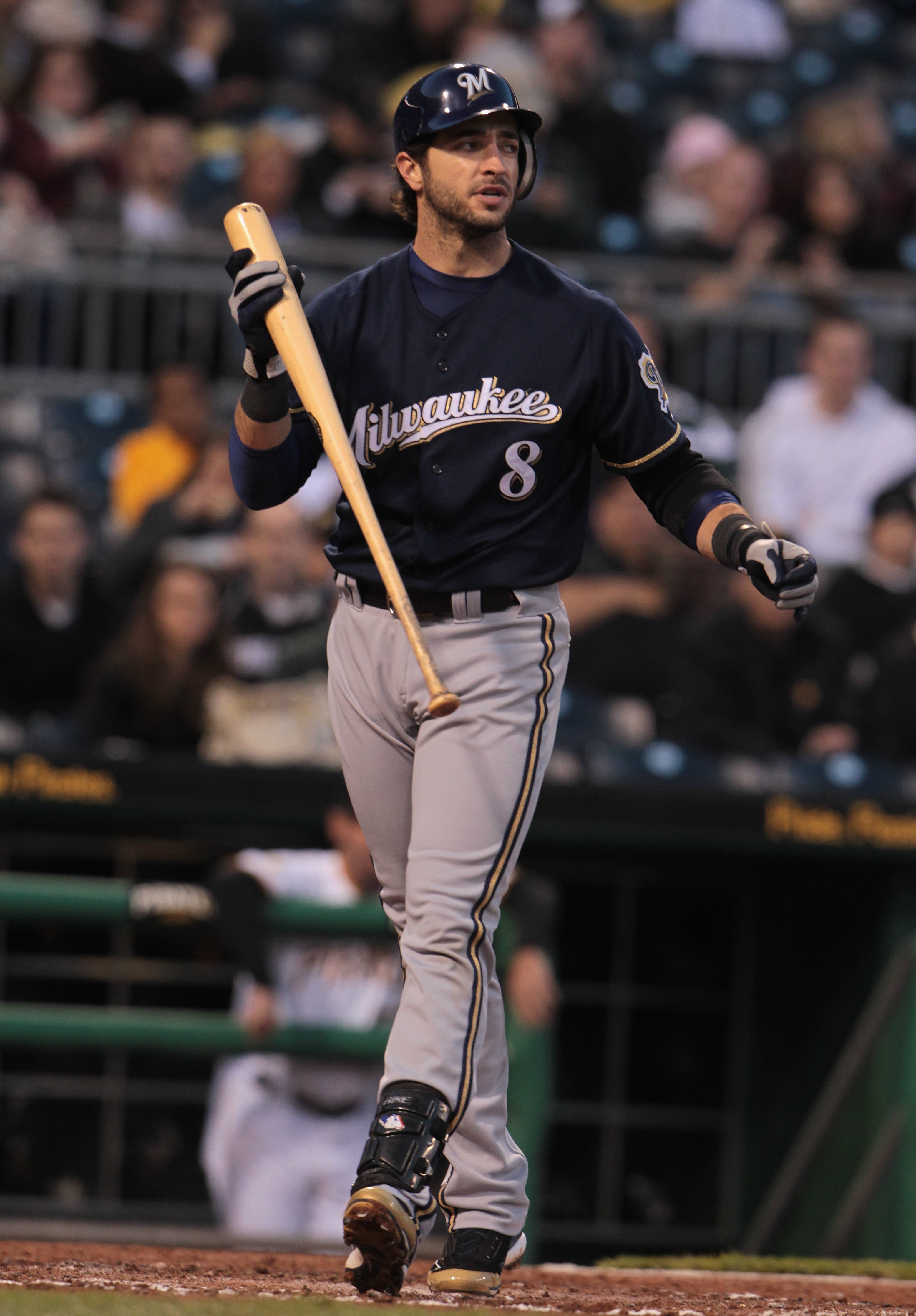 PITTSBURGH, PA - APRIL 13:  Ryan Braun #8 of the Milwaukee Brewers walks to the dugout after striking out during their game against the Pittsburgh Pirates at PNC Park on April 13, 2011 in Pittsburgh, Pennsylvania.  (Photo by Scott Halleran/Getty Images)