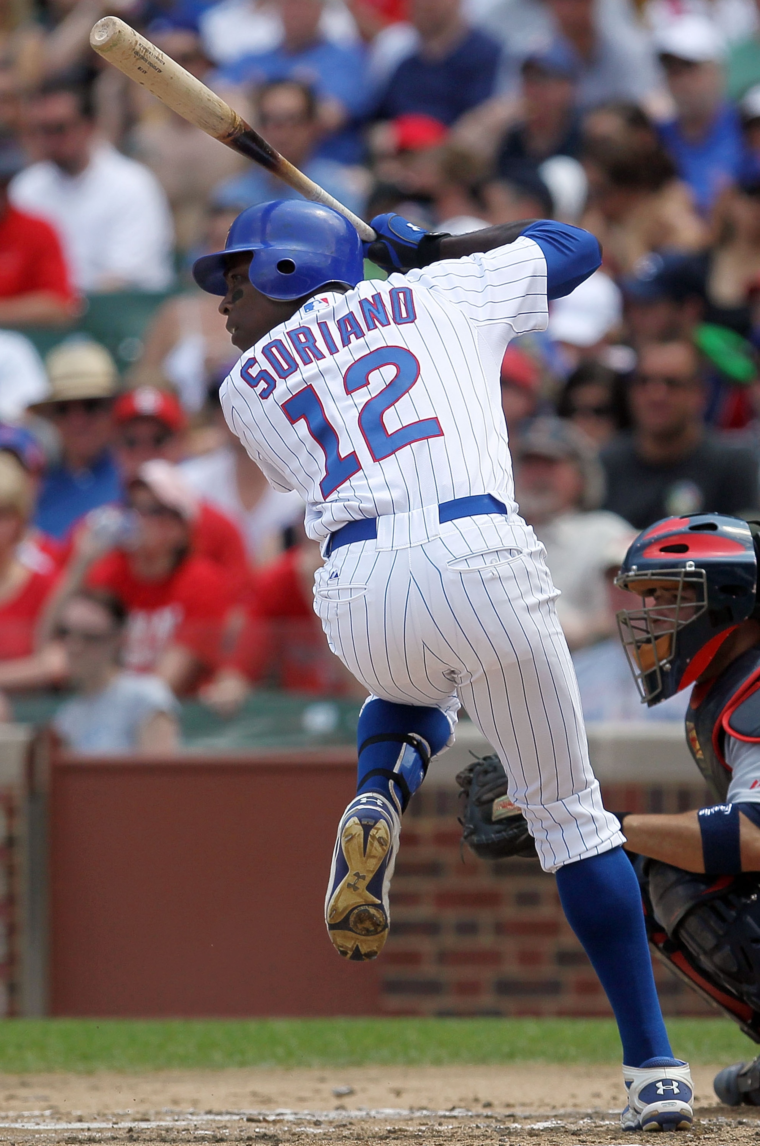 CHICAGO - MAY 30:  Alfonso Soriano #12 of the Chicago Cubs bats against the St. Louis Cardinals on May 30, 2010 at Wrigley Field in Chicago, Illinois.  (Photo by Jim McIsaac/Getty Images)