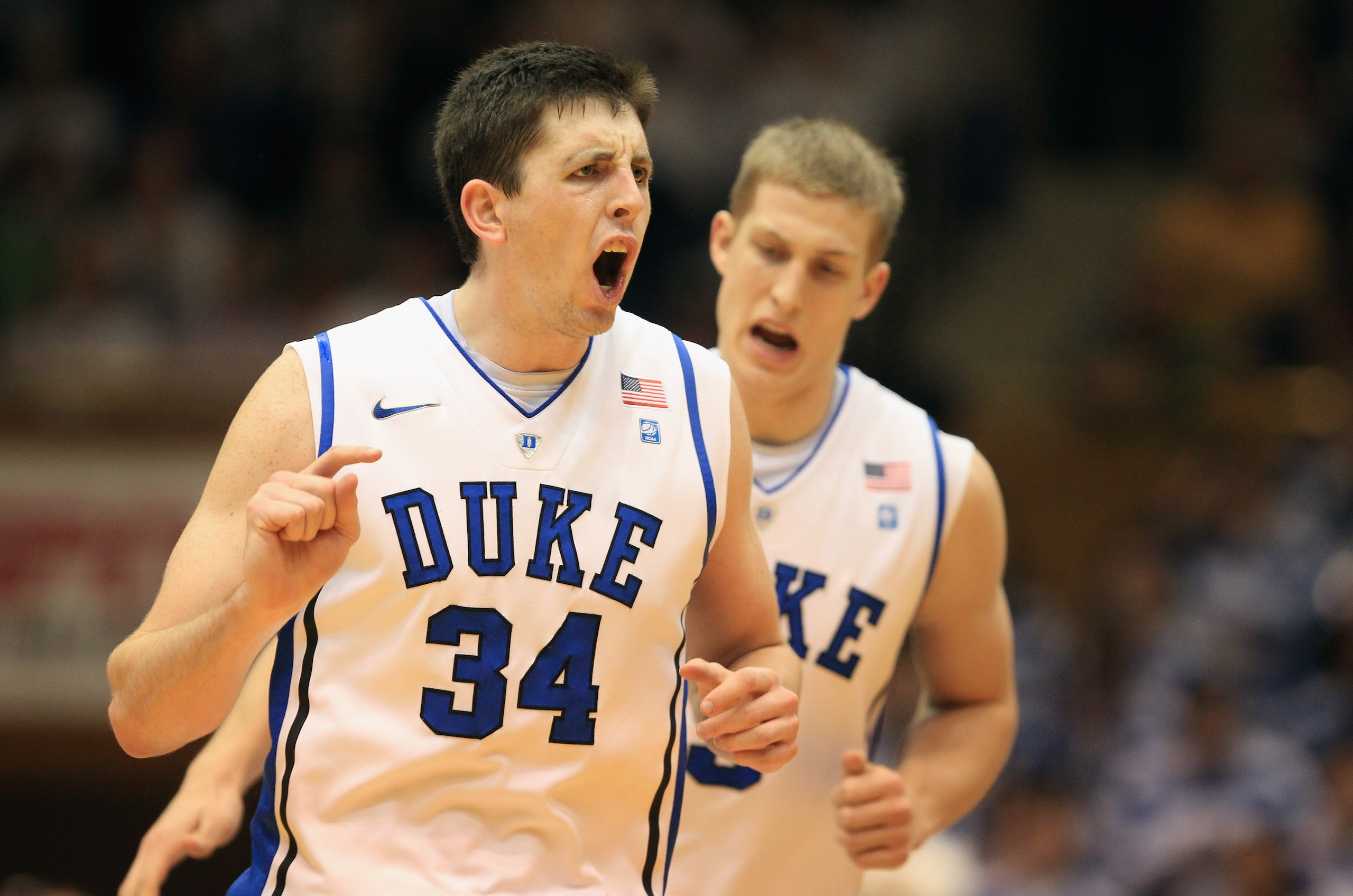 DURHAM, NC - FEBRUARY 23:  Ryan Kelly #34 of the Duke Blue Devils reacts to making a basket during their game against the Temple Owls at Cameron Indoor Stadium on February 23, 2011 in Durham, North Carolina.  (Photo by Streeter Lecka/Getty Images)