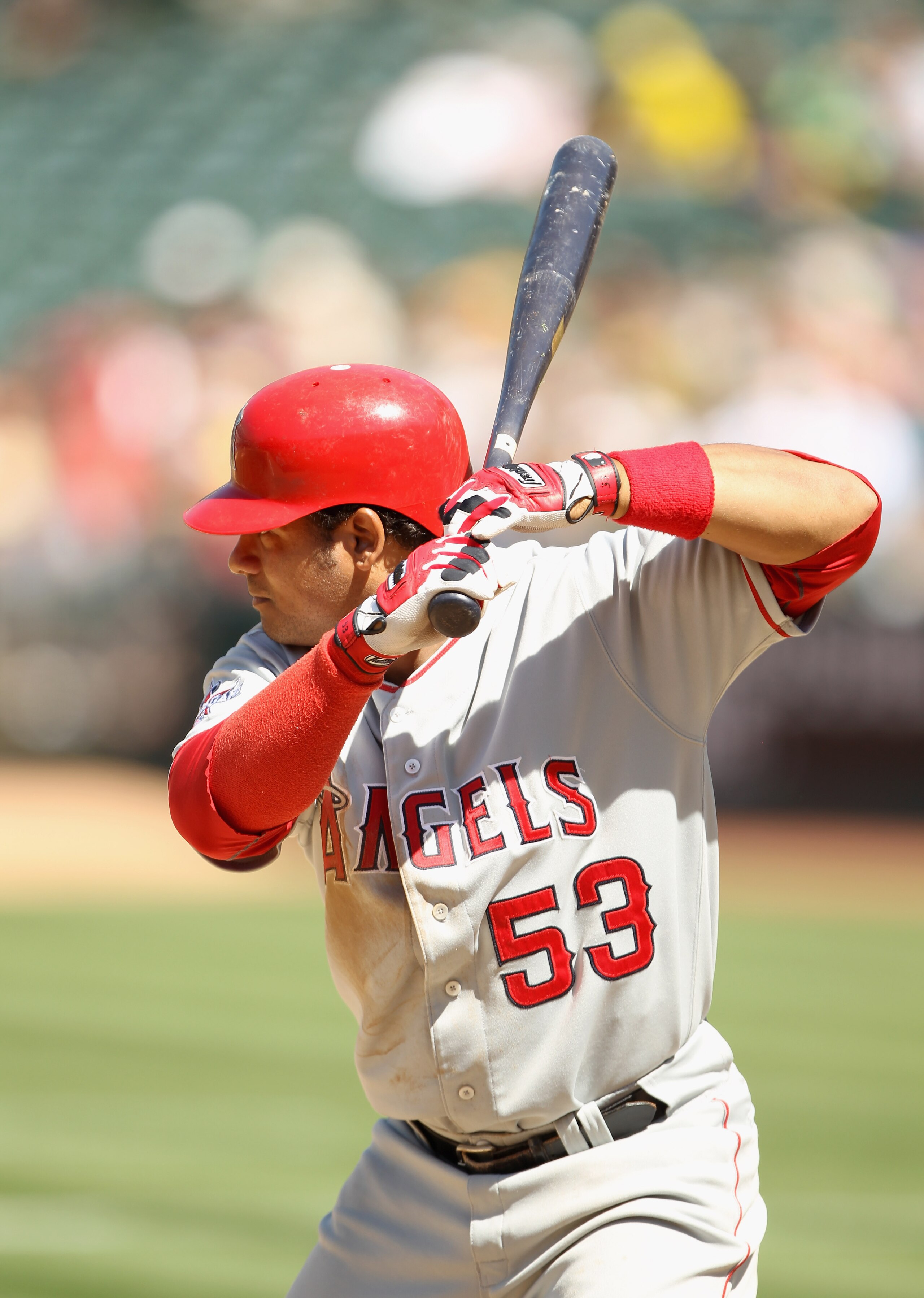 OAKLAND, CA - JULY 11:  Bobby Abreu #53 of the Los Angeles Angels of Anaheim bats against the Oakland Athletics at the Oakland-Alameda County Coliseum on July 11, 2010 in Oakland, California.  (Photo by Ezra Shaw/Getty Images)