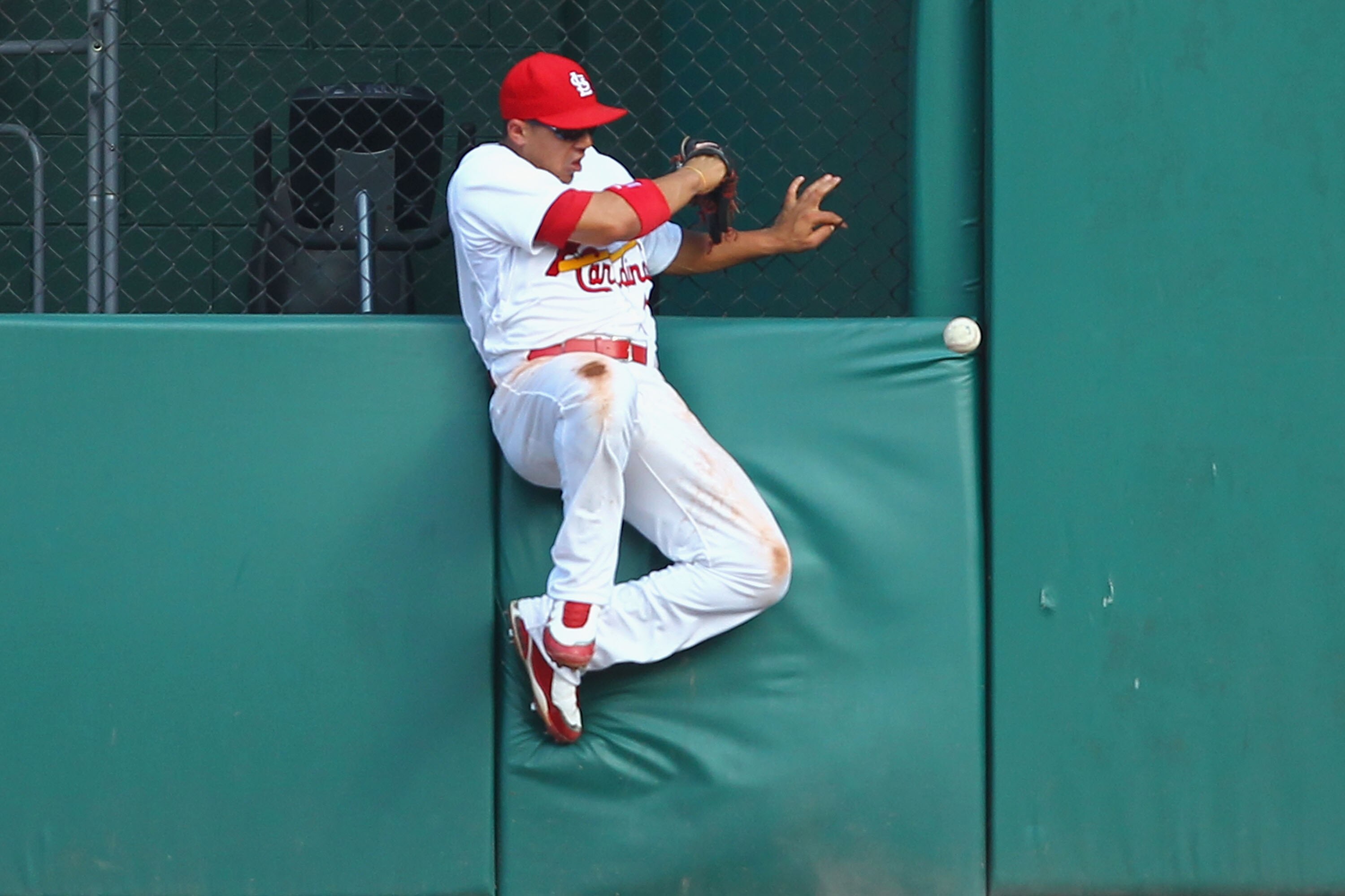 ST. LOUIS - SEPTEMBER 18: Jon Jay #15 of the St. Louis Cardinals appempts to catch a deep fly ball against the San Diego Padres at Busch Stadium on September 18, 2010 in St. Louis, Missouri.  The Padres beat the Cardinals 8-4.  (Photo by Dilip Vishwanat/G