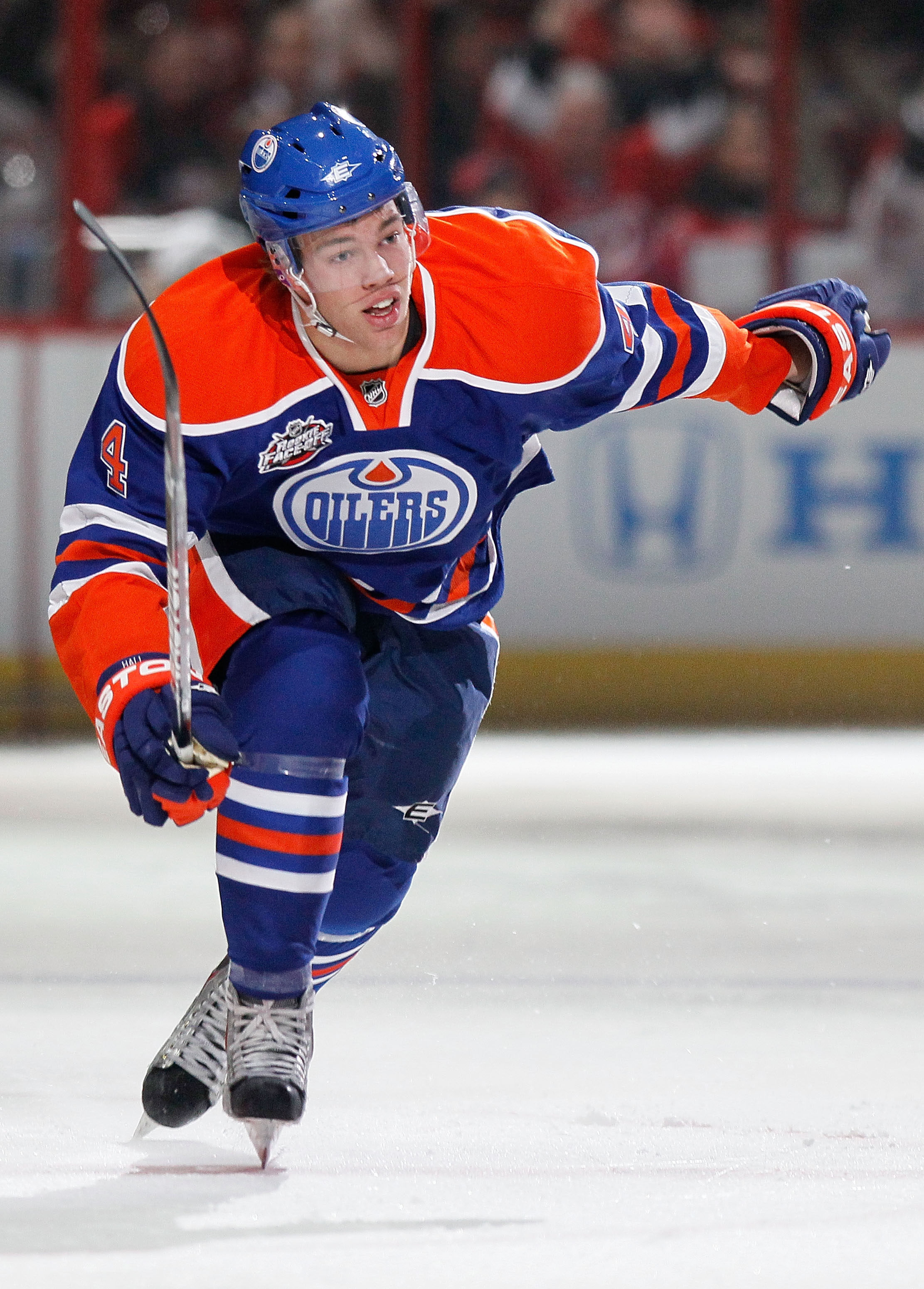 RALEIGH, NC - JANUARY 29:  Taylor Hall #4 of the Edmonton Oilers competes for fastest skater during the Honda NHL SuperSkills competition part of 2011 NHL All-Star Weekend at the RBC Center on January 29, 2011 in Raleigh, North Carolina.  (Photo by Kevin