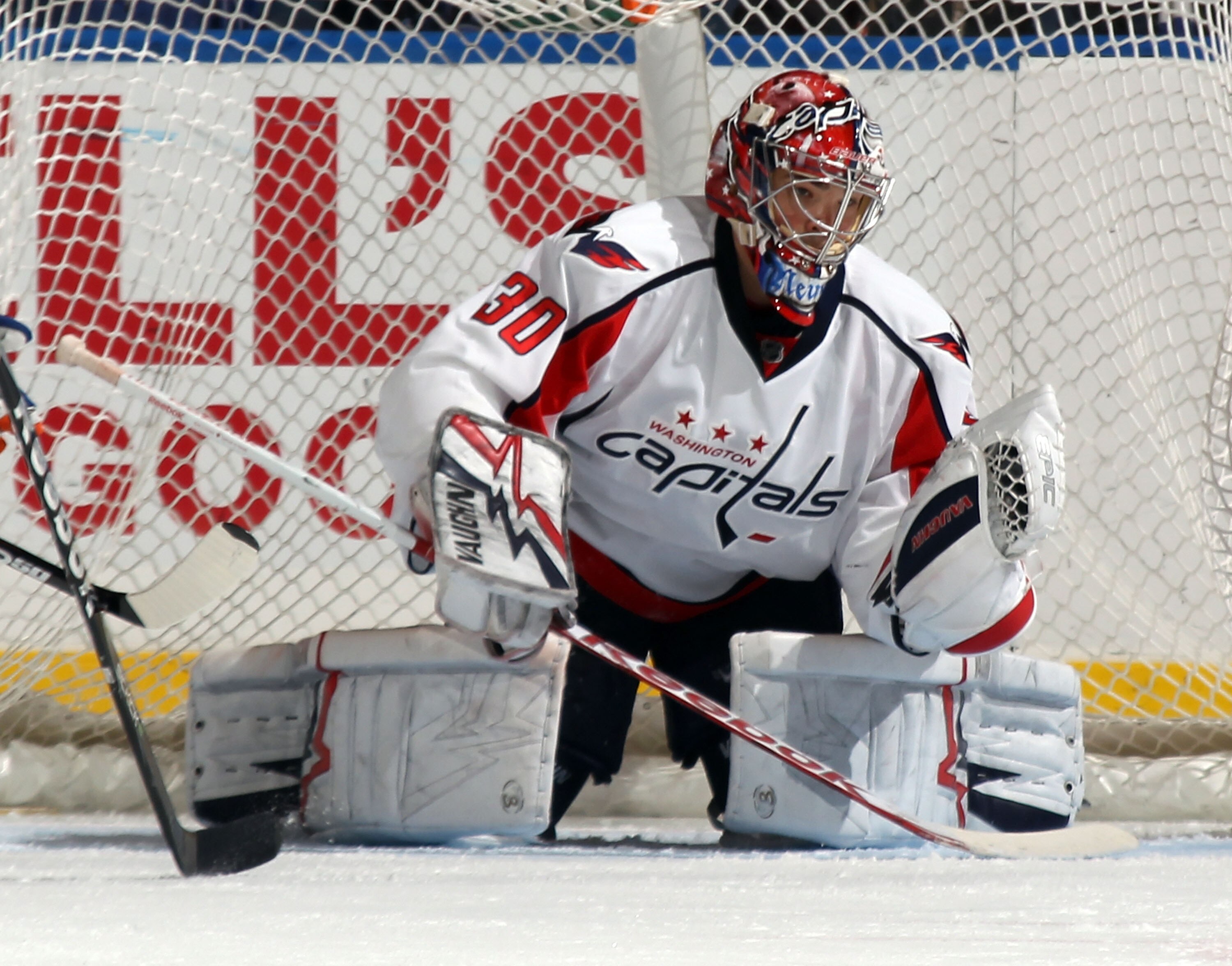 UNIONDALE, NY - FEBRUARY 26:  Michal Neuvirth #30 of the Washington Capitals tends net against the New York Islanders at the Nassau Coliseum on February 26, 2011 in Uniondale, New York. The Capitals defeated the Islanders 3-2.  (Photo by Bruce Bennett/Get