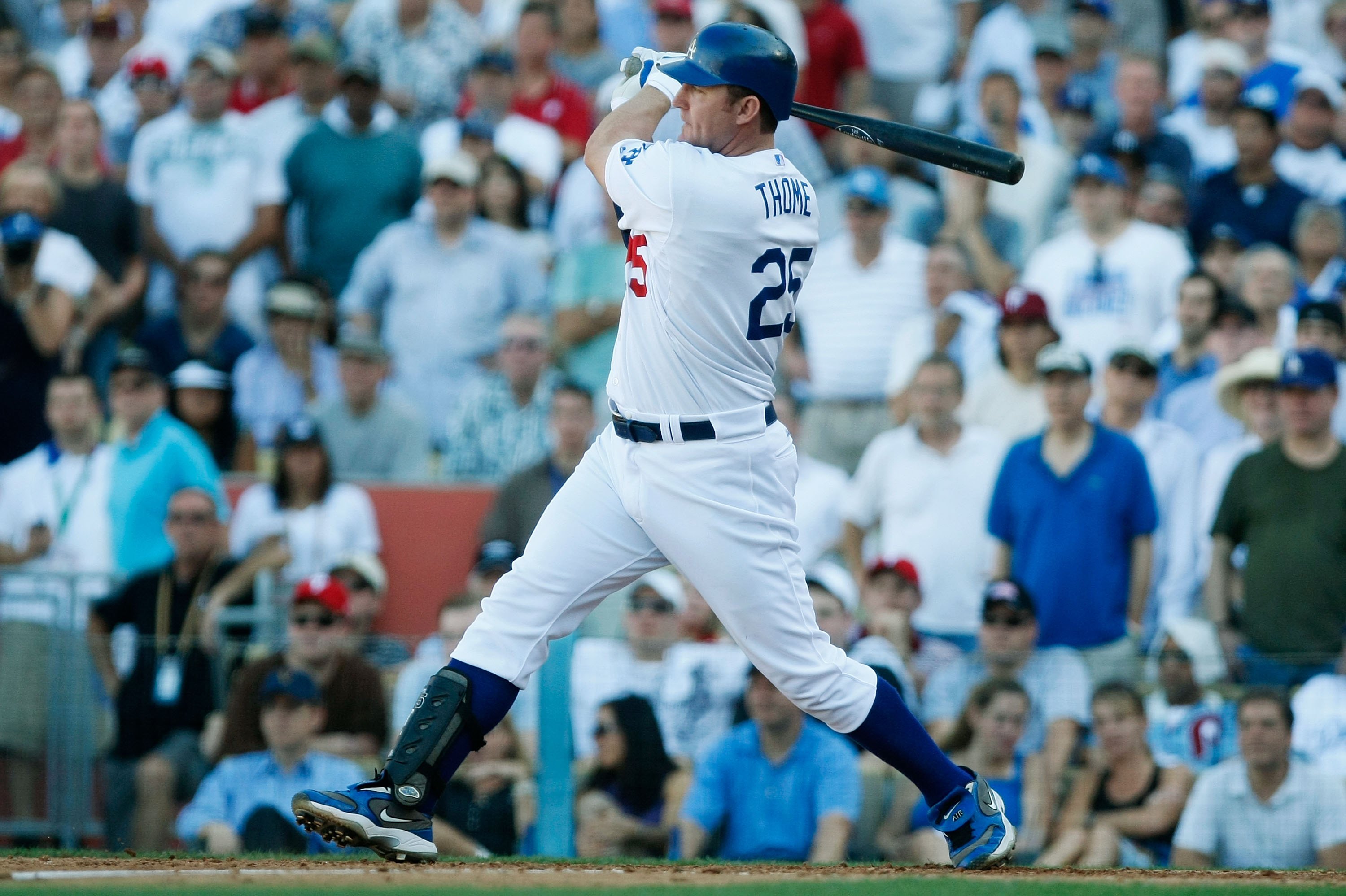 LOS ANGELES, CA - OCTOBER 16:  Jim Thome #25 of the Los Angeles Dodgers bats against the Philadelphia Phillies during Game Two of the NLCS during the 2009 MLB Playoffs at Dodger Stadium on October 16, 2009 in Los Angeles, California.  (Photo by Jeff Gross