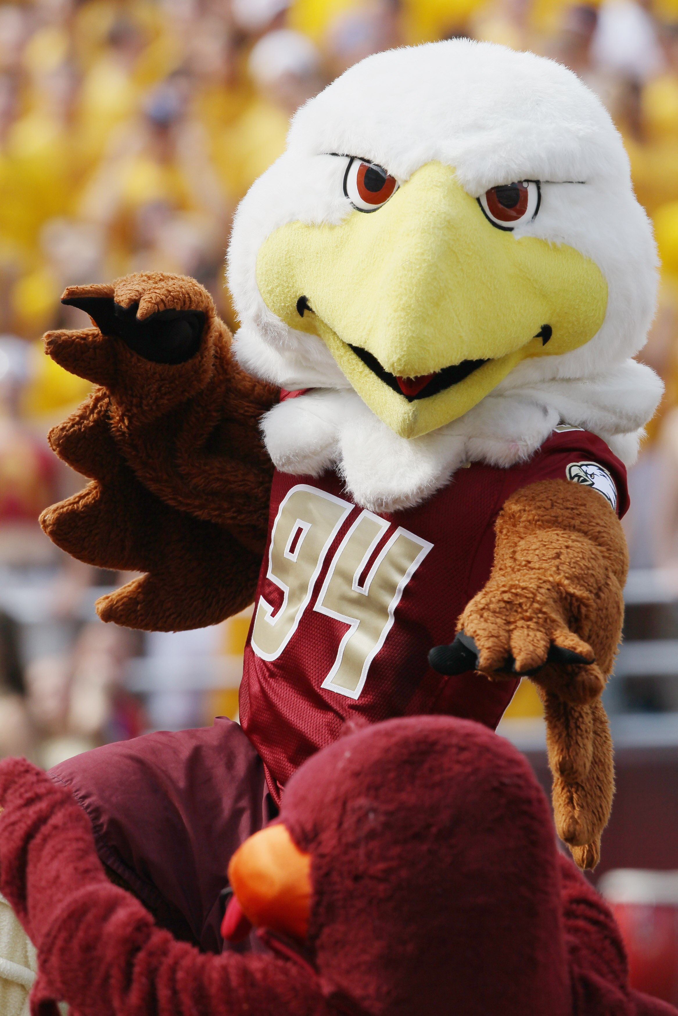 CHESTNUT HILL, MA - SEPTEMBER 25: The Boston College Eagles mascot and the Virginia Tech Hokies mascot square off on September 25, 2010 at Alumni Stadium in Chestnut Hill, Massachusetts. (Photo by Elsa/Getty Images) CHESTNUT HILL, MA - SEPTEMBER 25: The Boston College Eagles mascot and the Virginia Tech Hokies mascot square off on September 25, 2010 at Alumni Stadium in Chestnut Hill, Massachusetts. (Photo by Elsa/Getty Images)