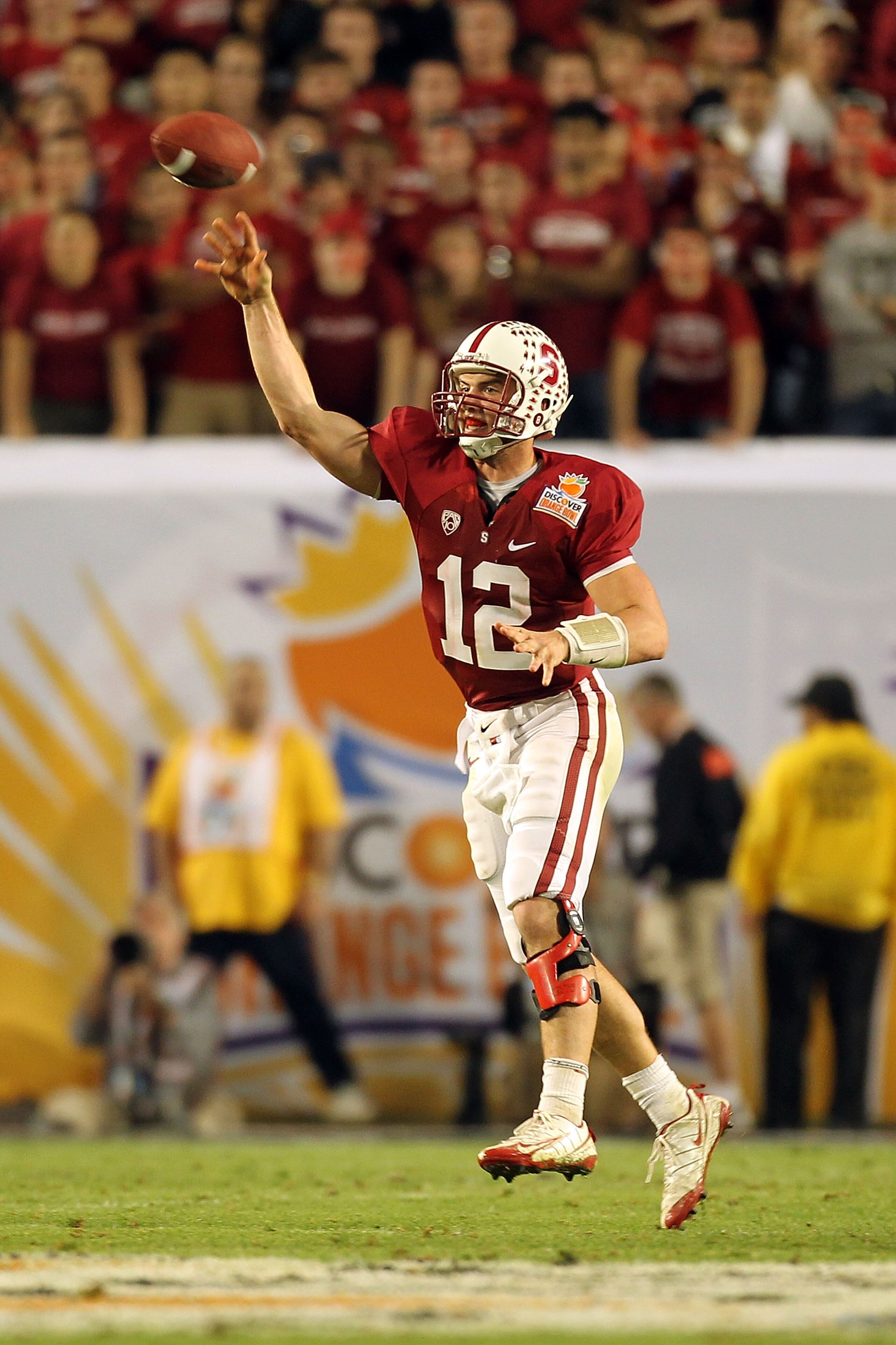 MIAMI, FL - JANUARY 03:  Quarterback Andrew Luck of the Stanford Cardinal a 58-yard touchdown to COby FLeener #82 in the fourth quarter against the Virginia Tech Hokies during the 2011 Discover Orange Bowl at Sun Life Stadium on January 3, 2011 in Miami,