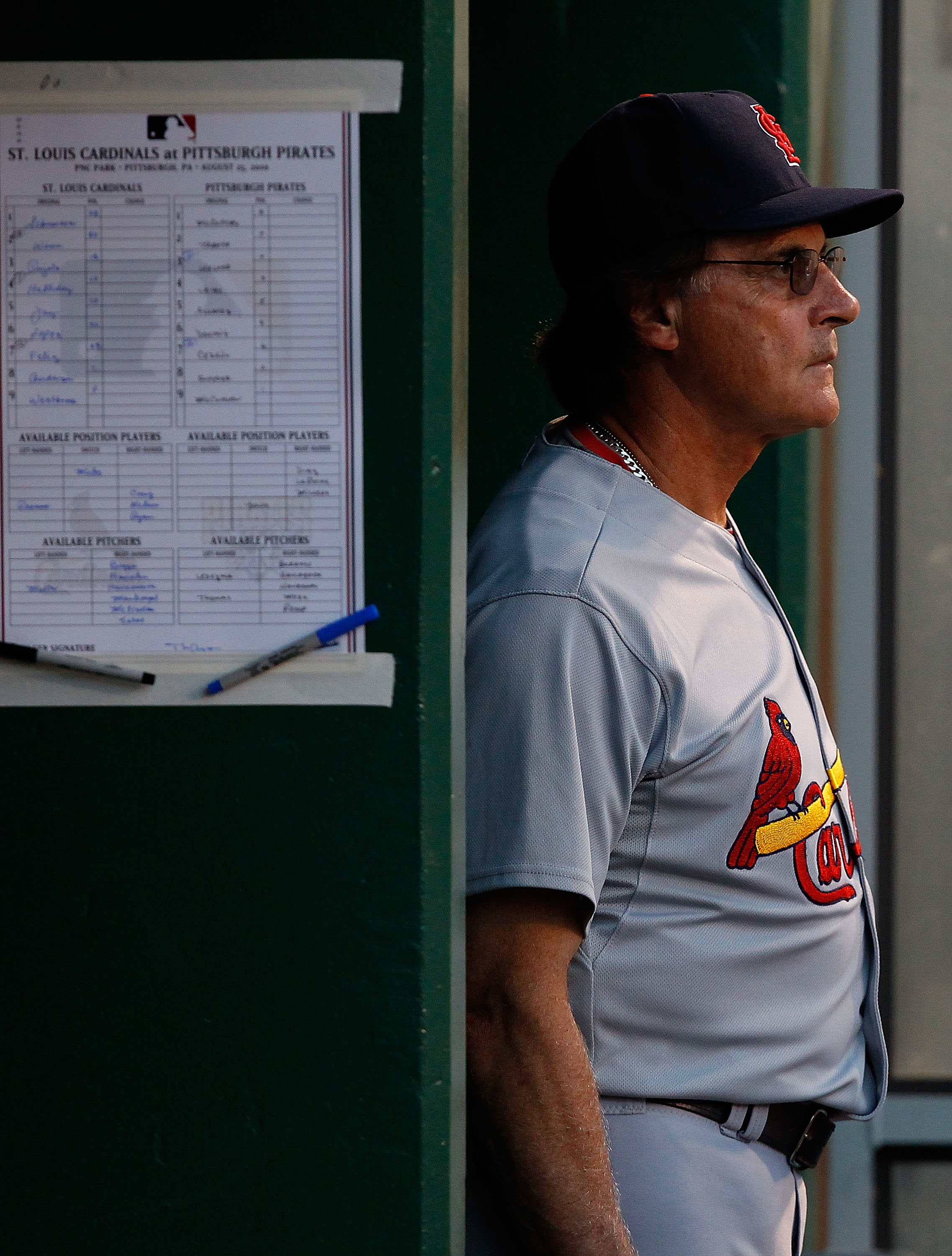 PITTSBURGH - AUGUST 25:  Manager Tony LaRussa #10 of the St. Louis Cardinals watches his team play against the Pittsburgh Pirates during the game on August 25, 2010 at PNC Park in Pittsburgh, Pennsylvania.  (Photo by Jared Wickerham/Getty Images)