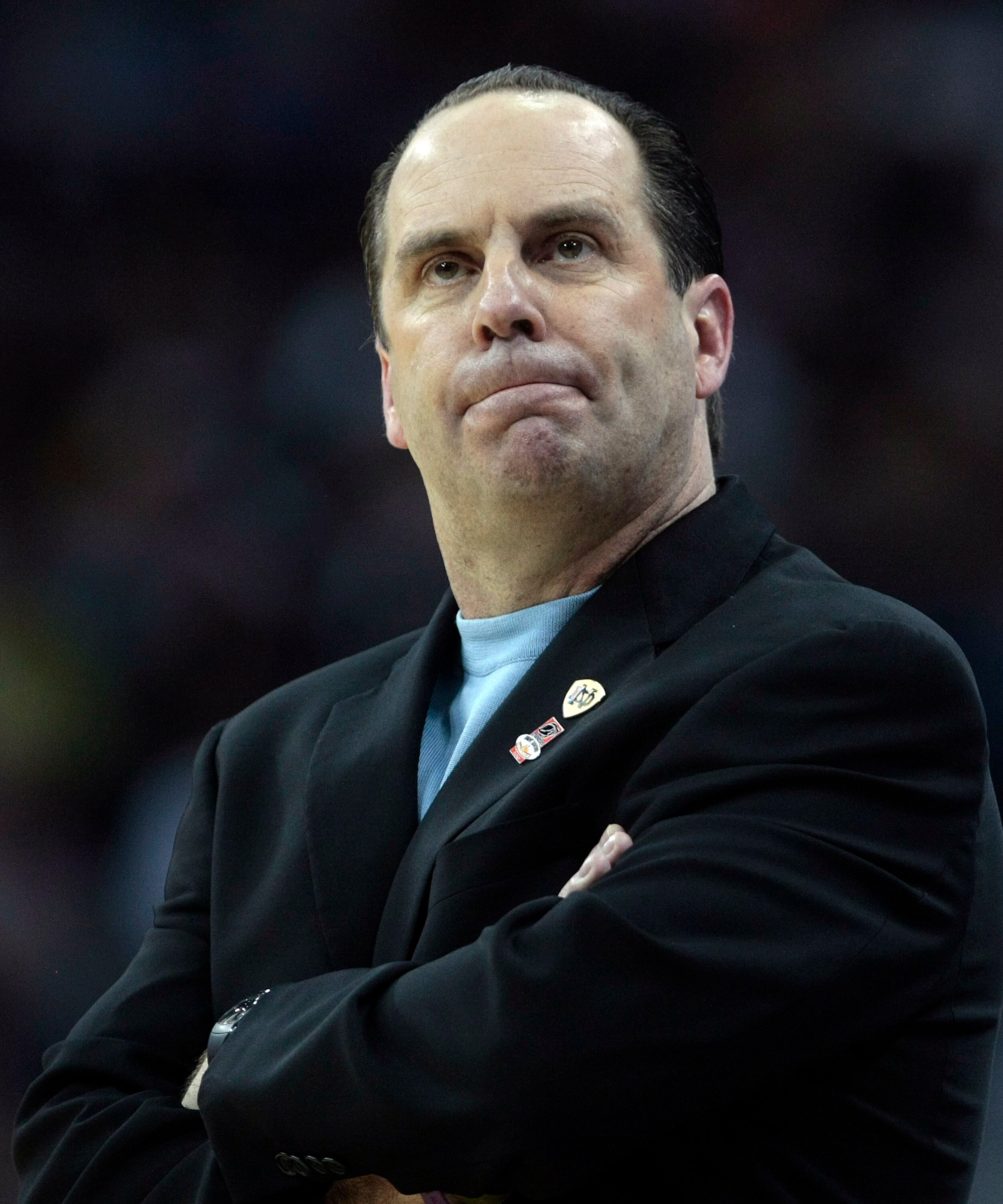 NEW ORLEANS - MARCH 18:  Coach Mike Brey of the Notre Dame Fighting Irish reacts at the end of a 51-50 loss to the Old Dominion Monarchs during the first round of the 2010 NCAA mens basketball tournament at the New Orleans Arena on March 18, 2010 in New O