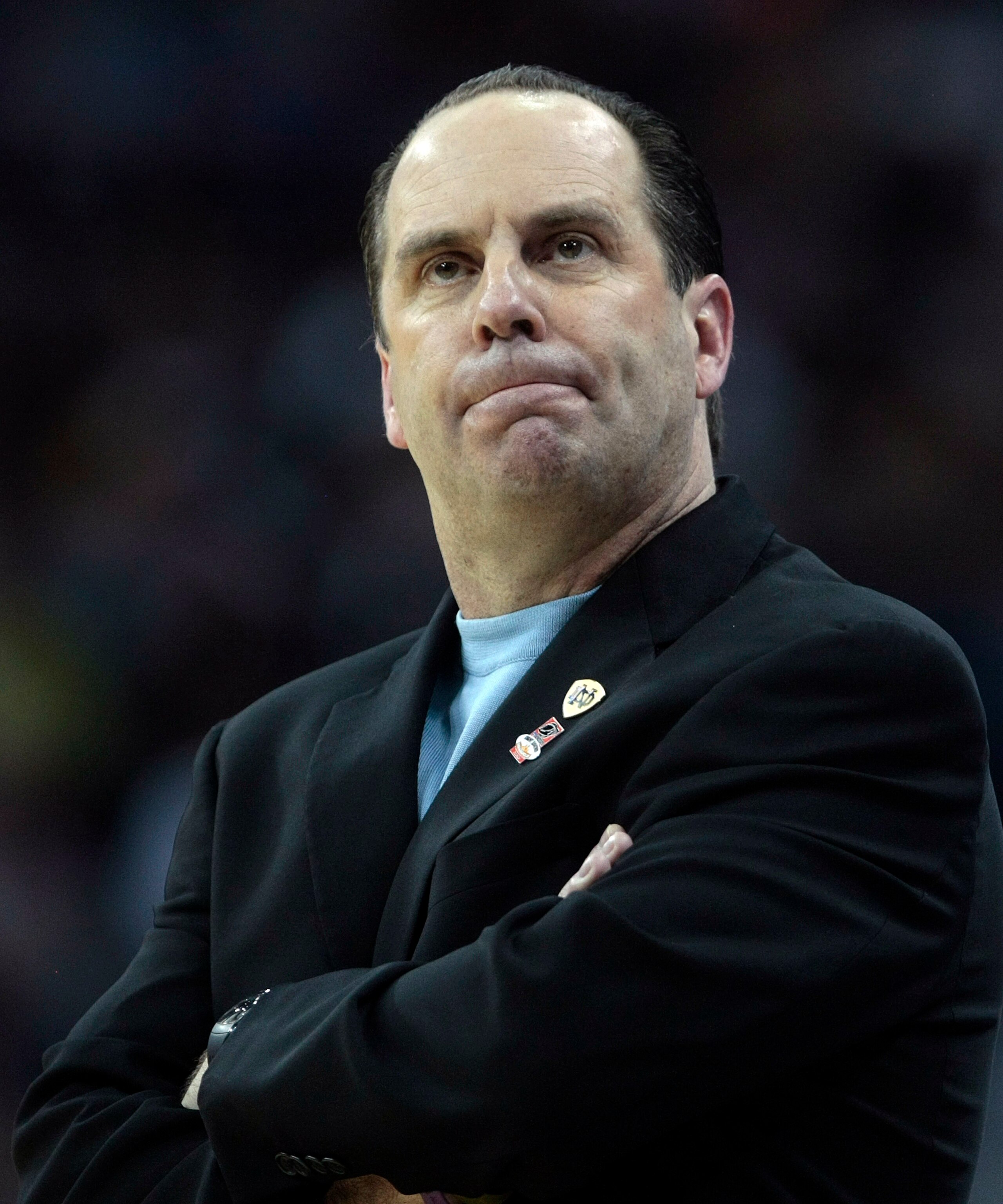 NEW ORLEANS - MARCH 18:  Coach Mike Brey of the Notre Dame Fighting Irish reacts at the end of a 51-50 loss to the Old Dominion Monarchs during the first round of the 2010 NCAA mens basketball tournament at the New Orleans Arena on March 18, 2010 in New O